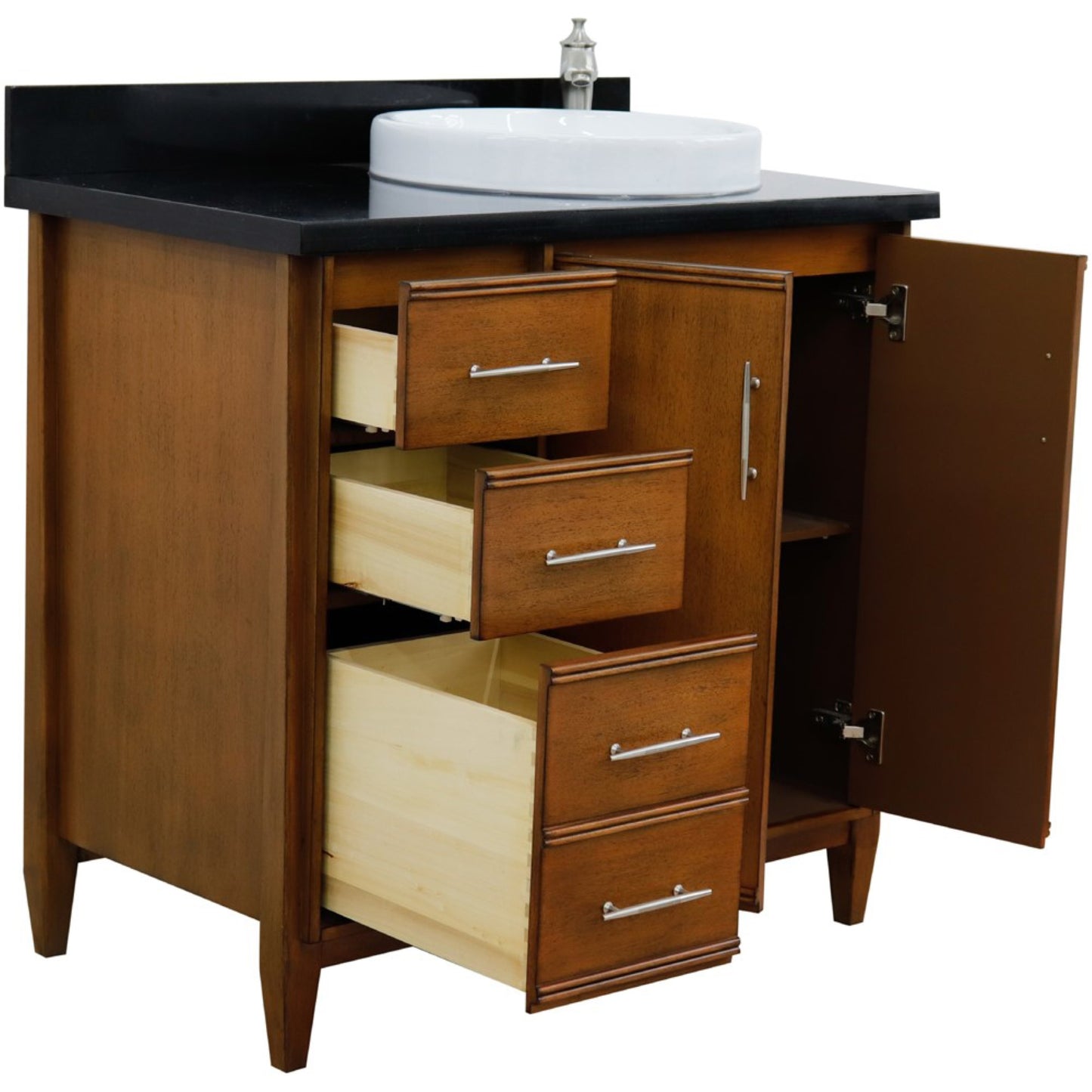 37" Single vanity in Walnut finish with Black galaxy and round sink Right door/Right sink