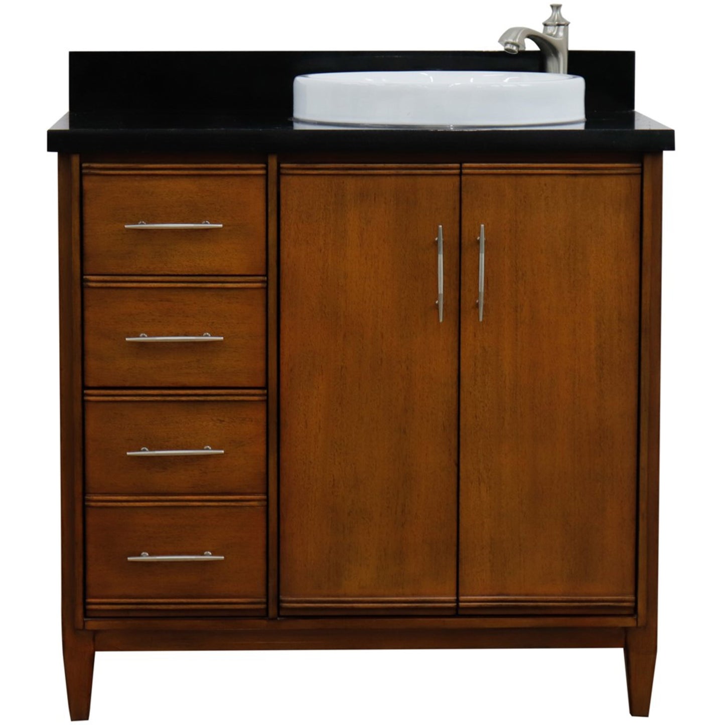 37" Single vanity in Walnut finish with Black galaxy and round sink Right door/Right sink