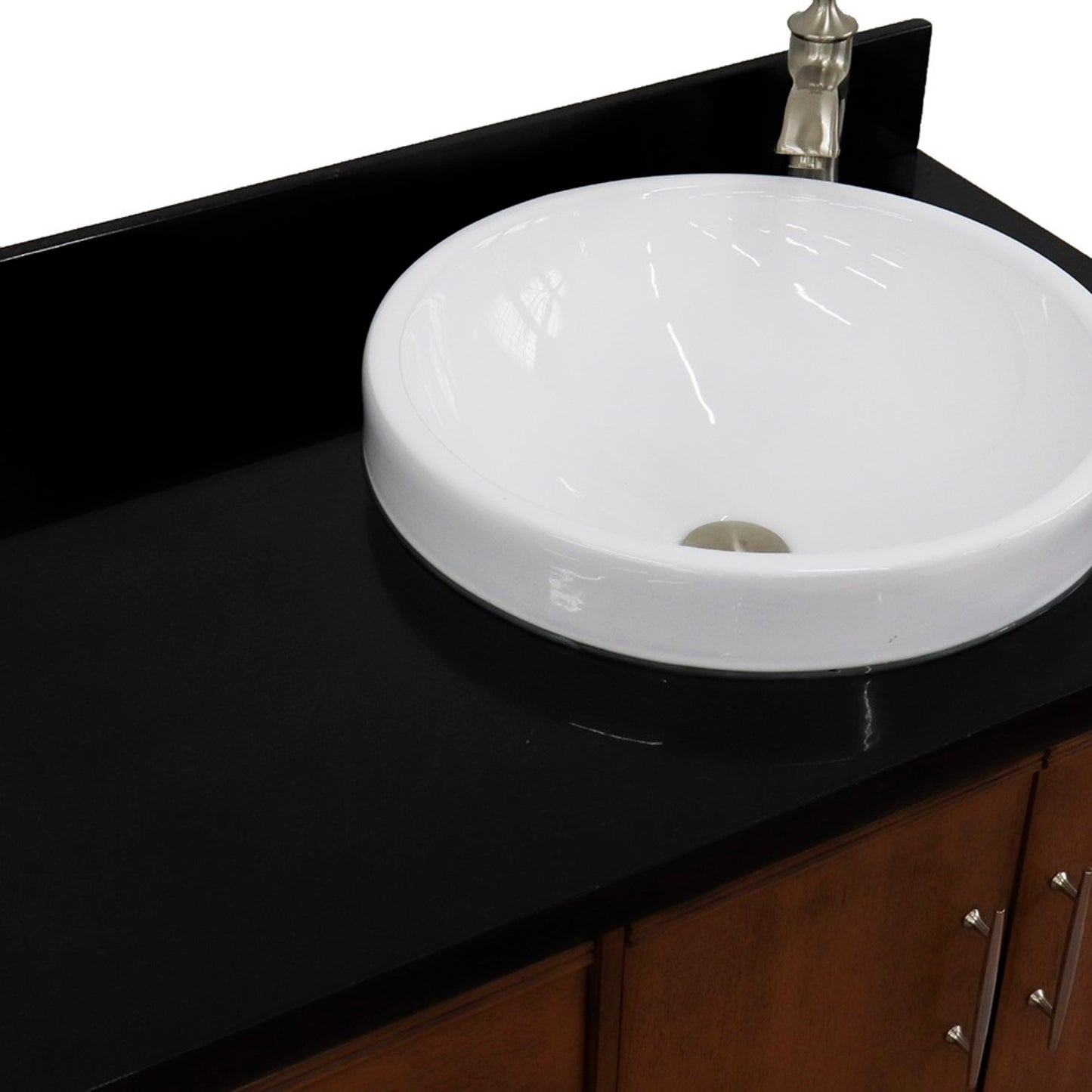 37" Single vanity in Walnut finish with Black galaxy and round sink Right door/Right sink