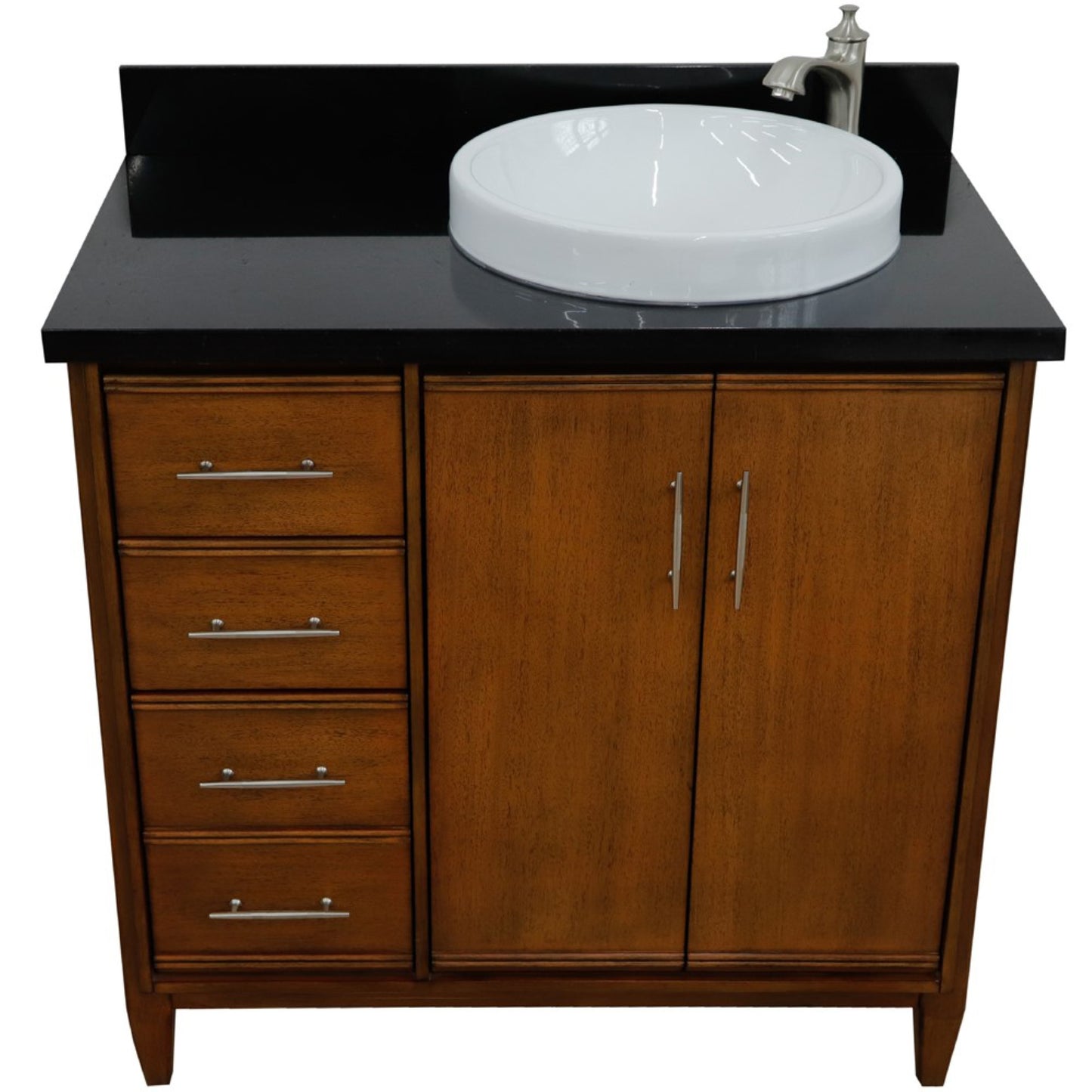 37" Single vanity in Walnut finish with Black galaxy and round sink Right door/Right sink