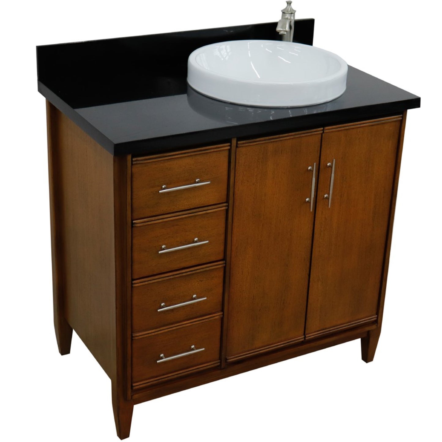 37" Single vanity in Walnut finish with Black galaxy and round sink Right door/Right sink