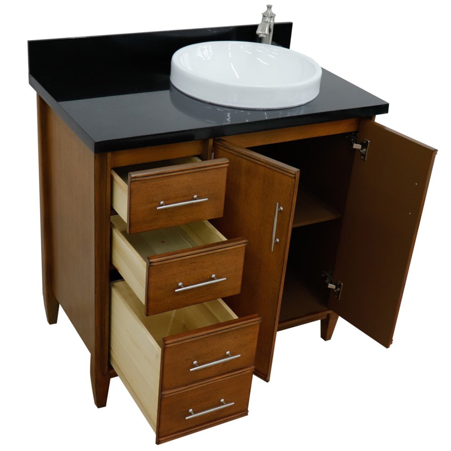 37" Single vanity in Walnut finish with Black galaxy and round sink Right door/Right sink