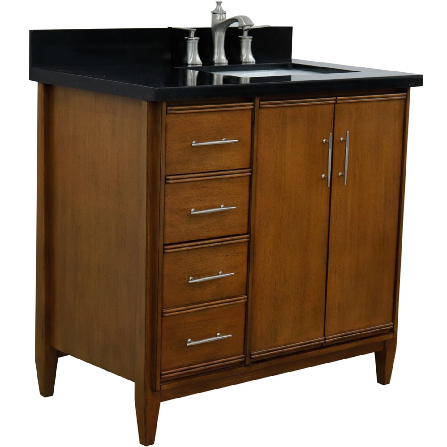 37" Single vanity in Walnut finish with Black galaxy and rectangle sink Right door/Right sink