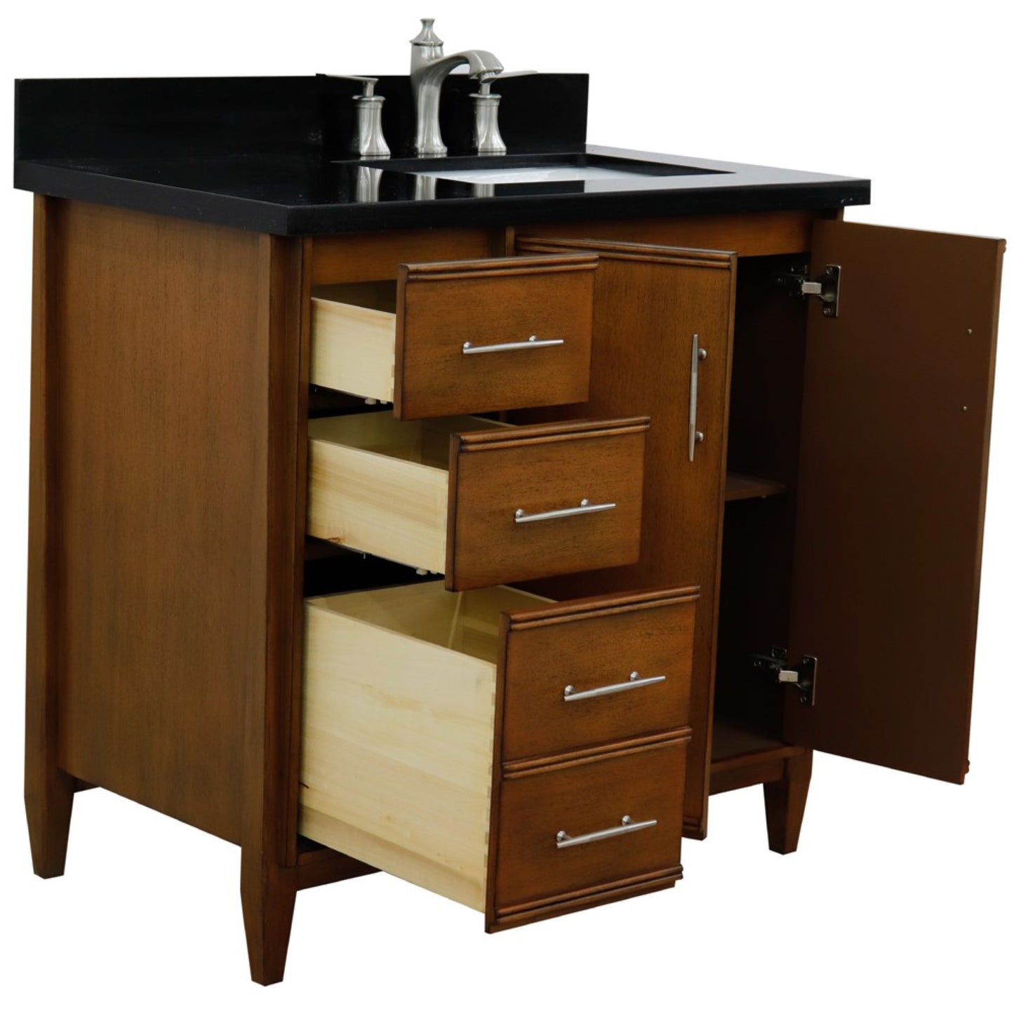 37" Single vanity in Walnut finish with Black galaxy and rectangle sink Right door/Right sink