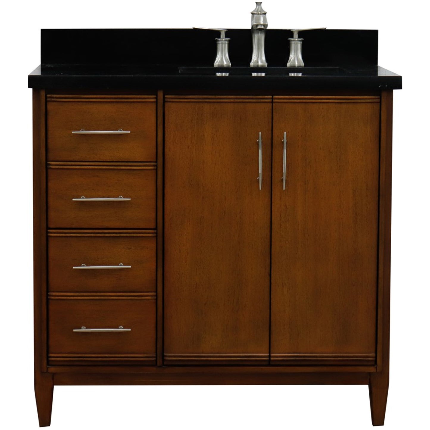 37" Single vanity in Walnut finish with Black galaxy and rectangle sink Right door/Right sink