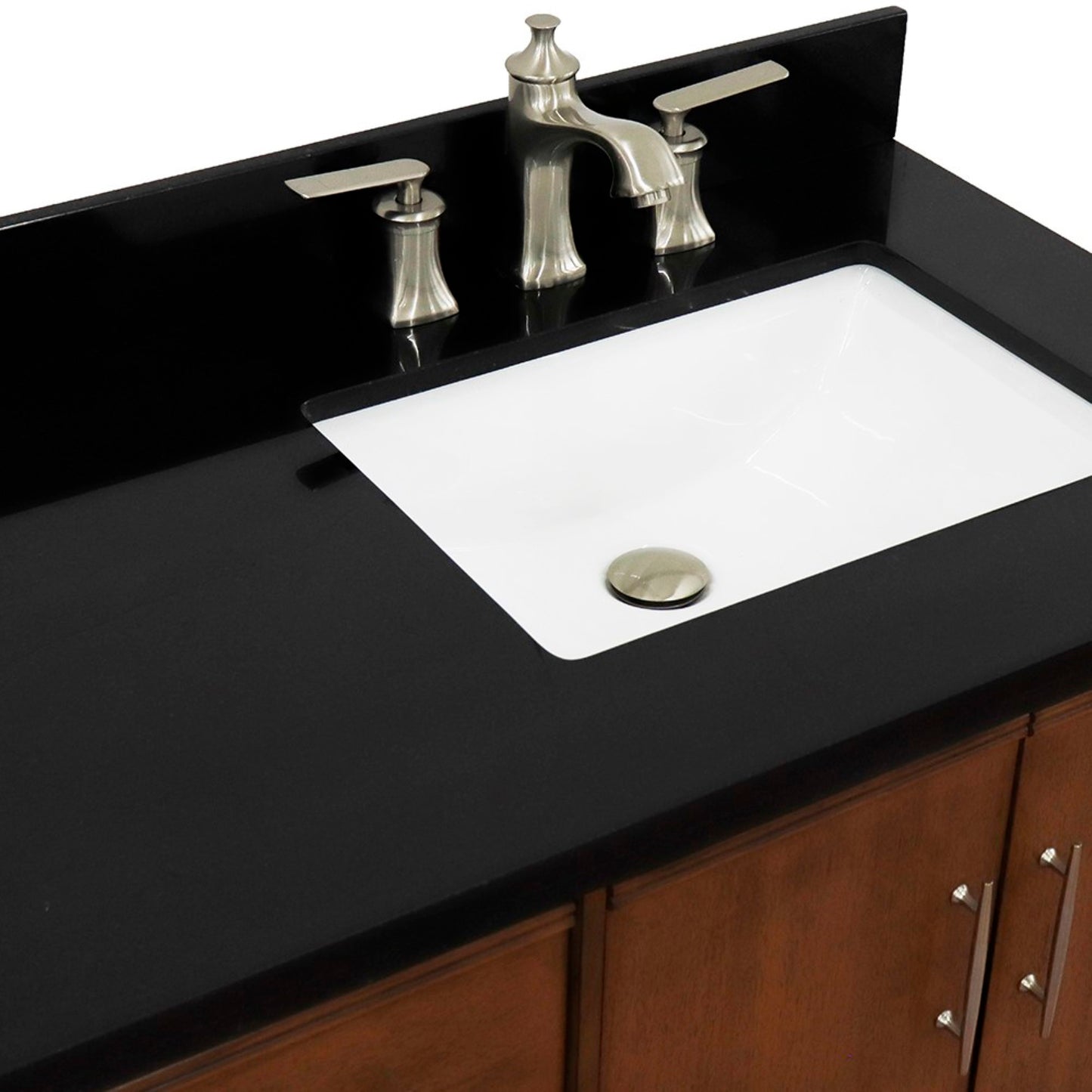 37" Single vanity in Walnut finish with Black galaxy and rectangle sink Right door/Right sink