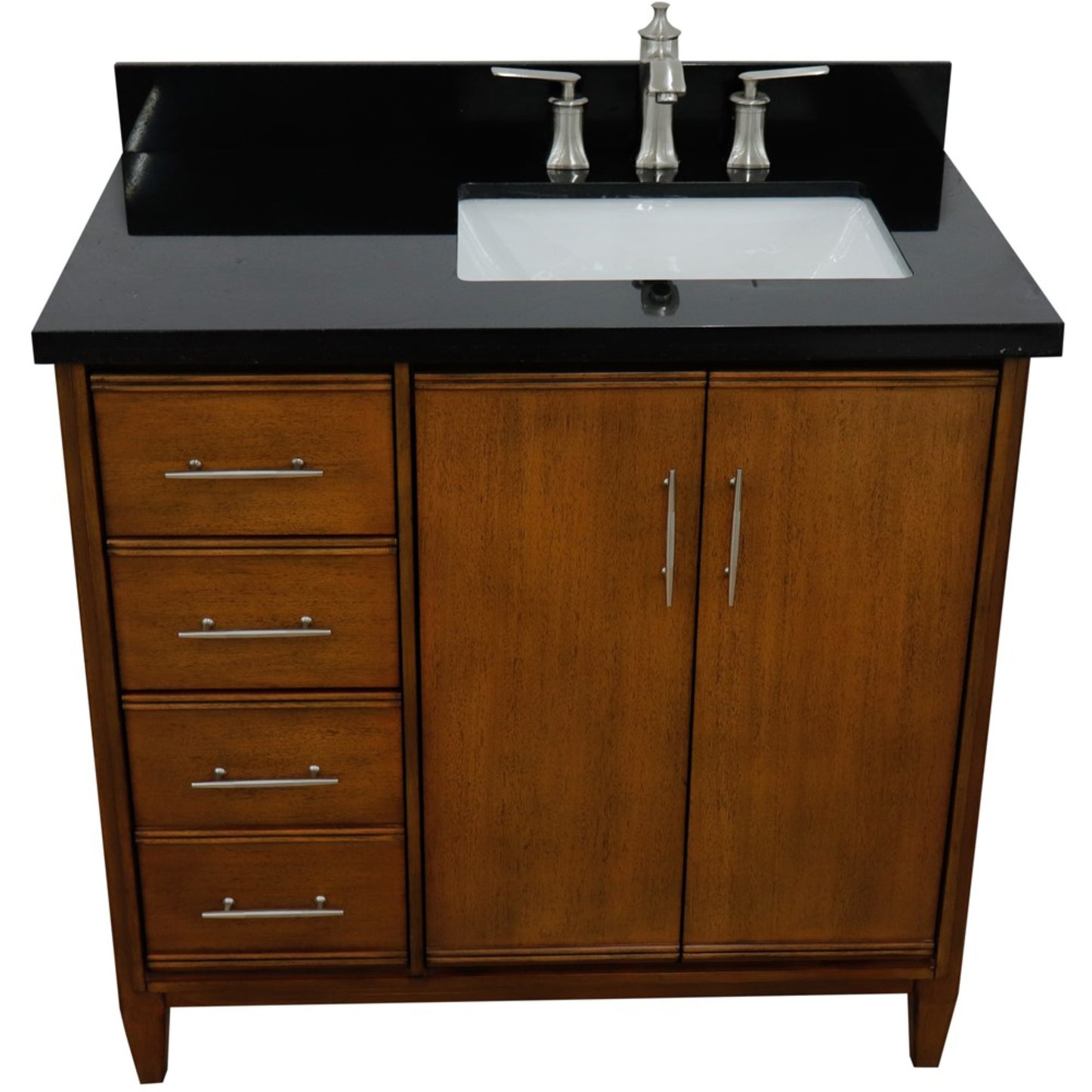 37" Single vanity in Walnut finish with Black galaxy and rectangle sink Right door/Right sink