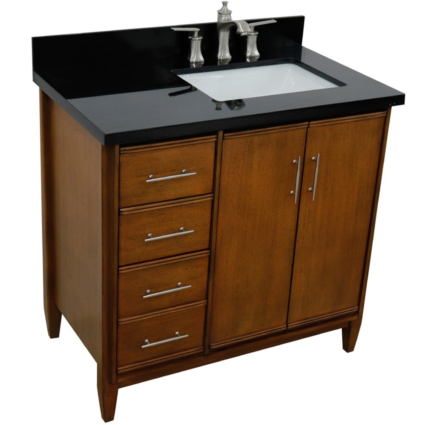 37" Single vanity in Walnut finish with Black galaxy and rectangle sink Right door/Right sink