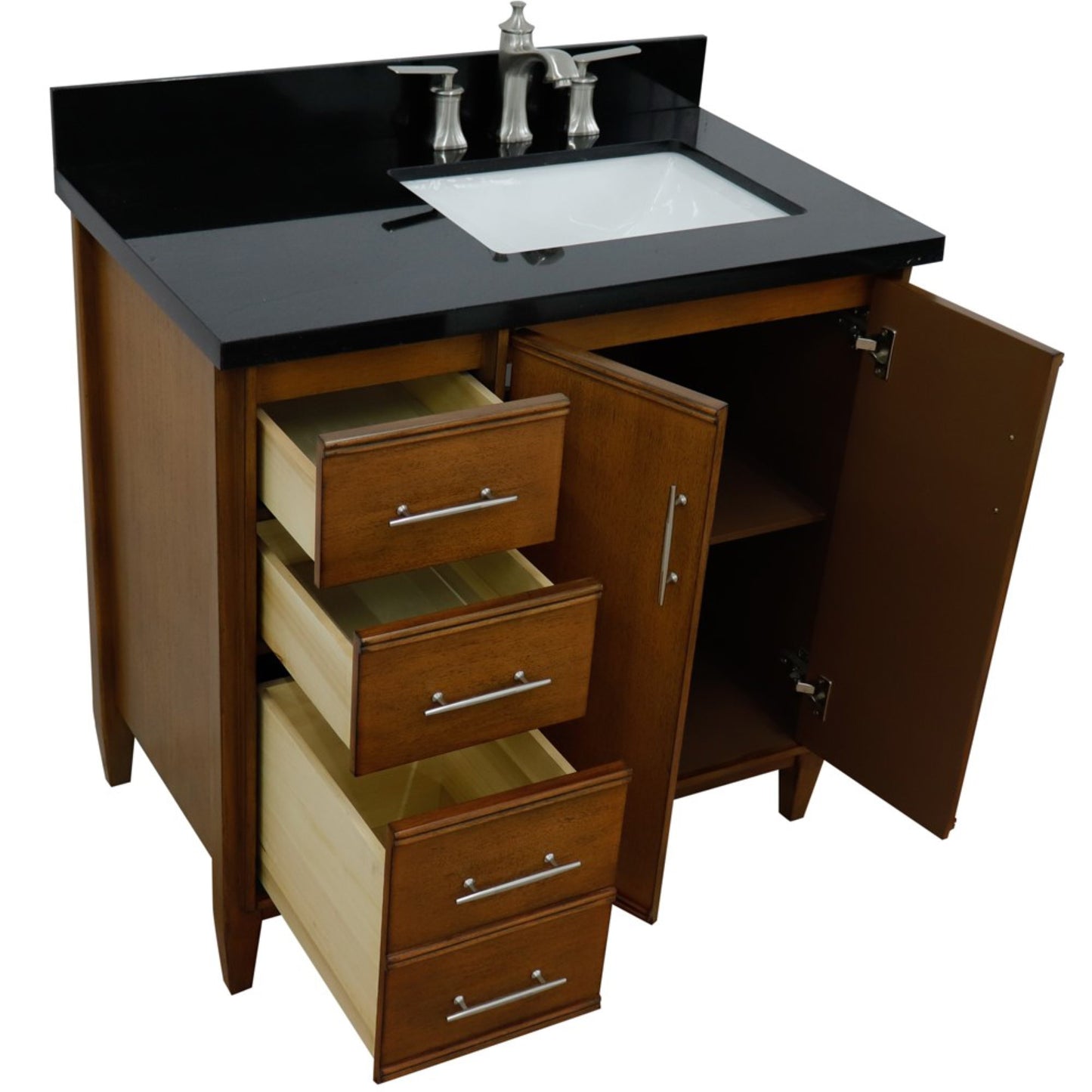 37" Single vanity in Walnut finish with Black galaxy and rectangle sink Right door/Right sink
