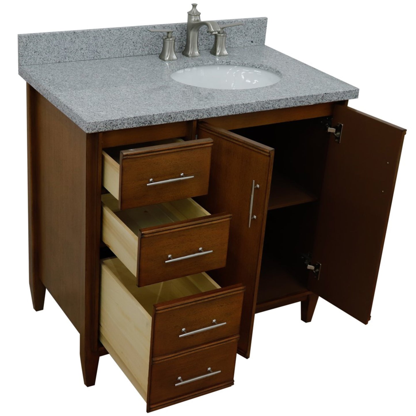 37" Single vanity in Walnut finish with Gray granite and oval sink Right door/Right sink