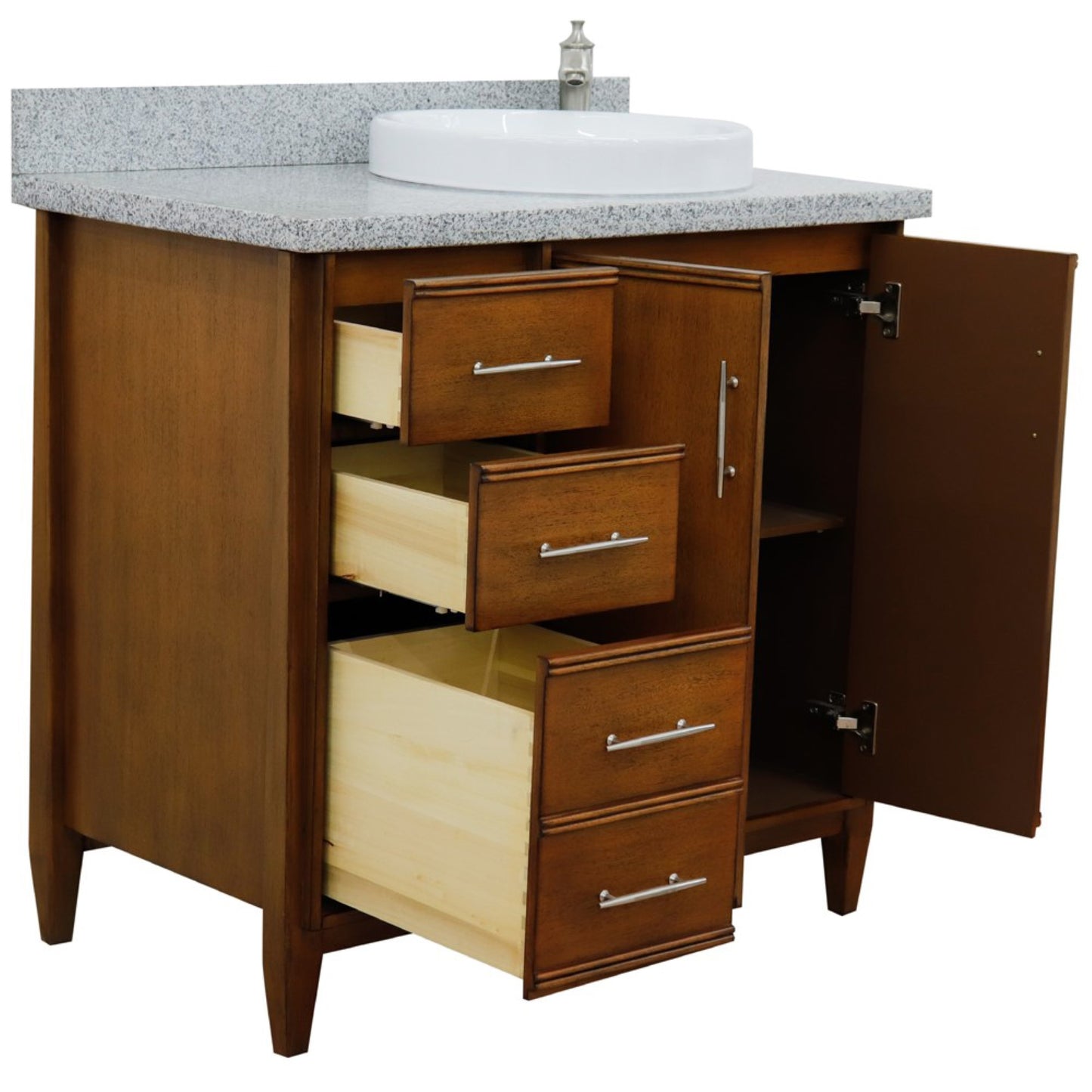 37" Single vanity in Walnut finish with Gray granite and round sink Right door/Right sink