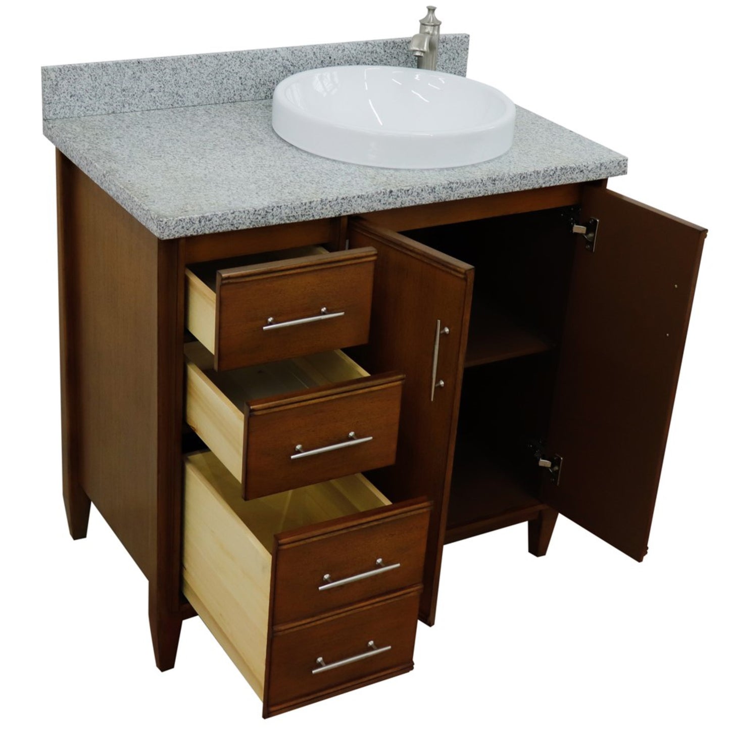 37" Single vanity in Walnut finish with Gray granite and round sink Right door/Right sink