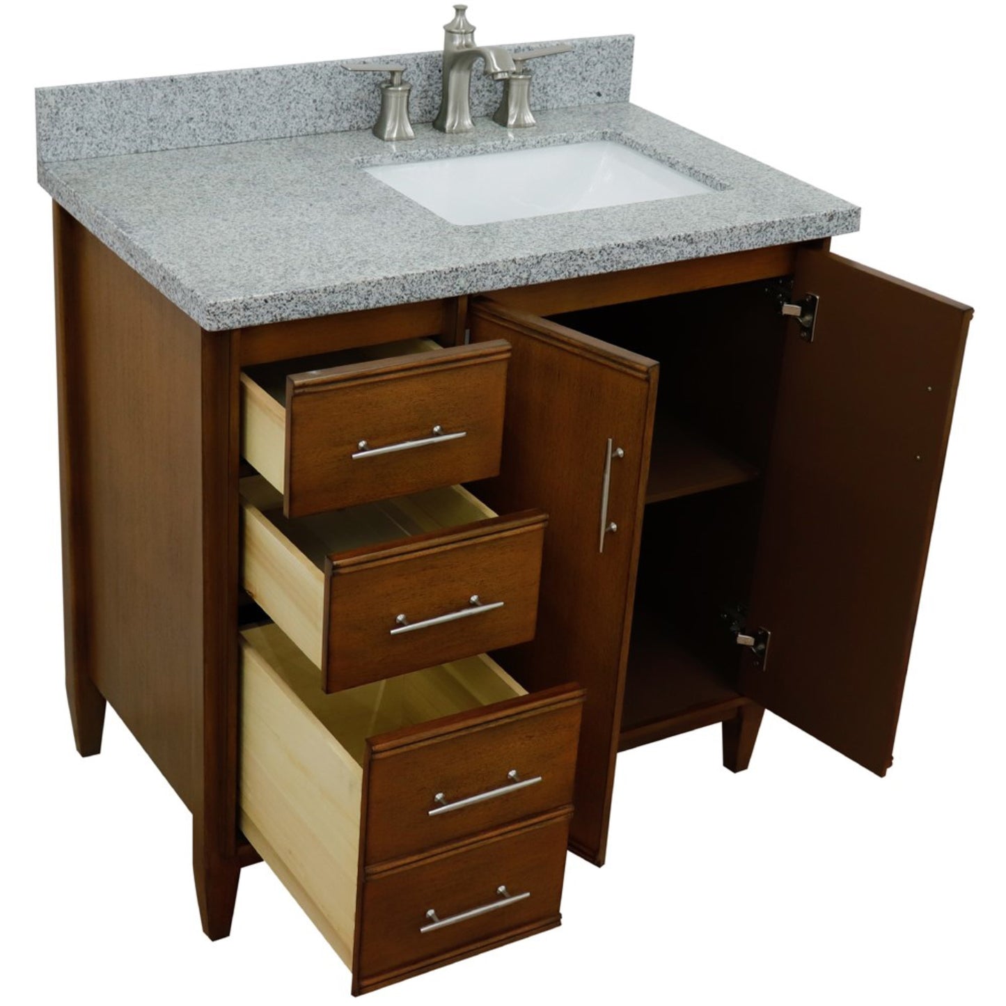37" Single vanity in Walnut finish with Gray granite and rectangle sink Right door/Right sink