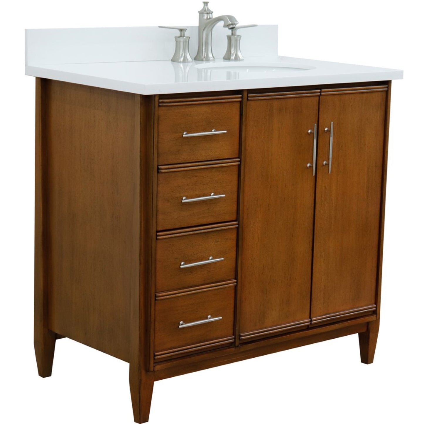 37" Single vanity in Walnut finish with White engineered stone and oval sink Right door/Right sink