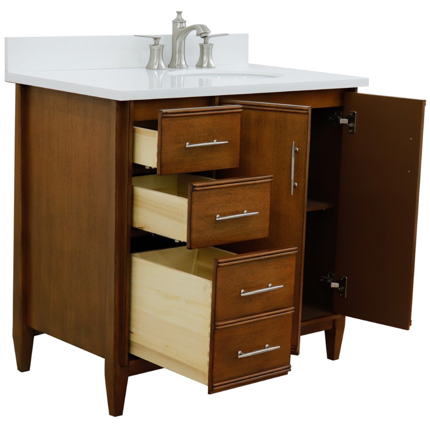 37" Single vanity in Walnut finish with White engineered stone and oval sink Right door/Right sink