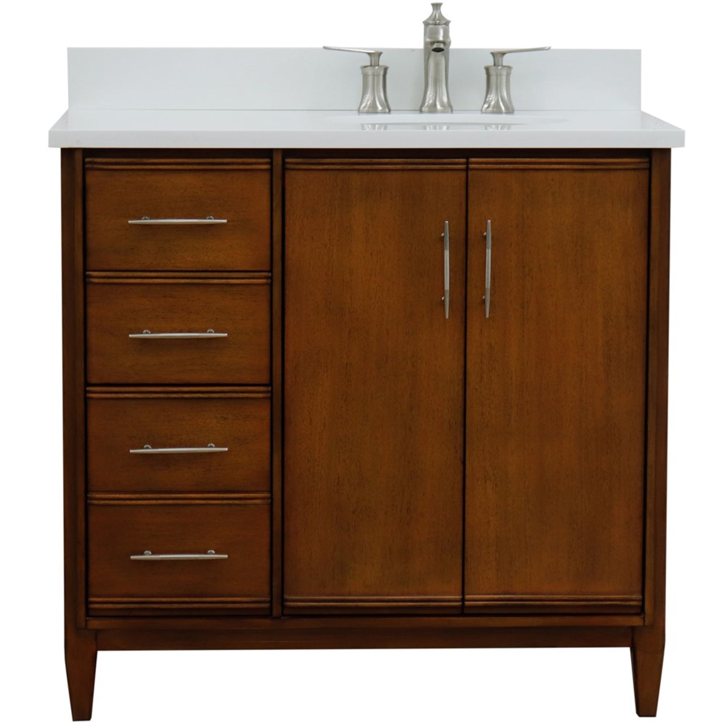37" Single vanity in Walnut finish with White engineered stone and oval sink Right door/Right sink