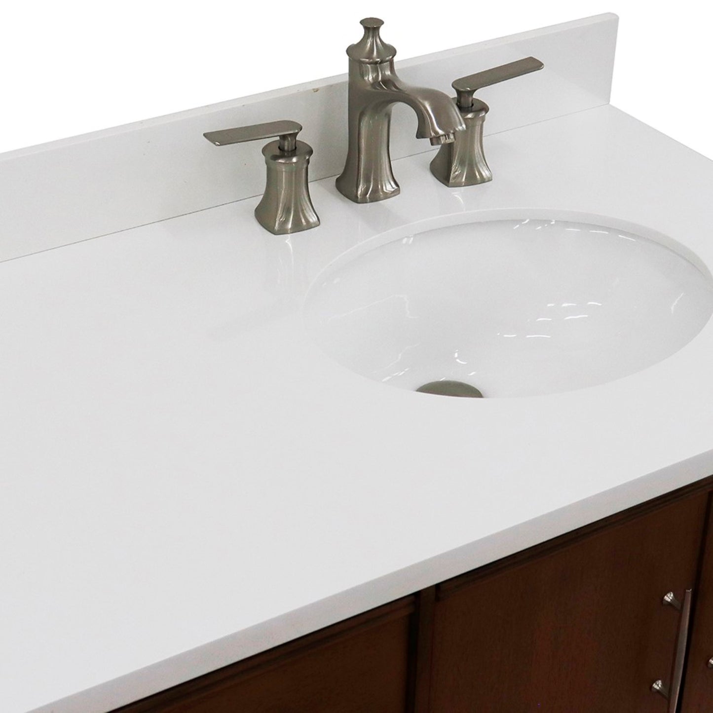 37" Single vanity in Walnut finish with White engineered stone and oval sink Right door/Right sink