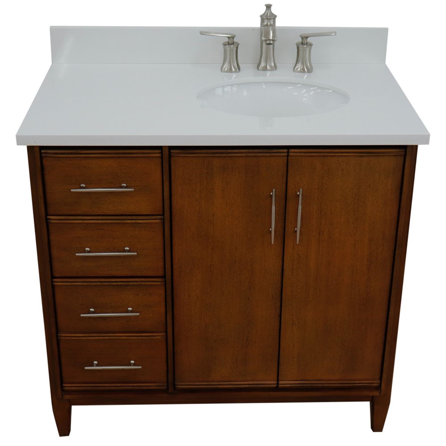 37" Single vanity in Walnut finish with White engineered stone and oval sink Right door/Right sink