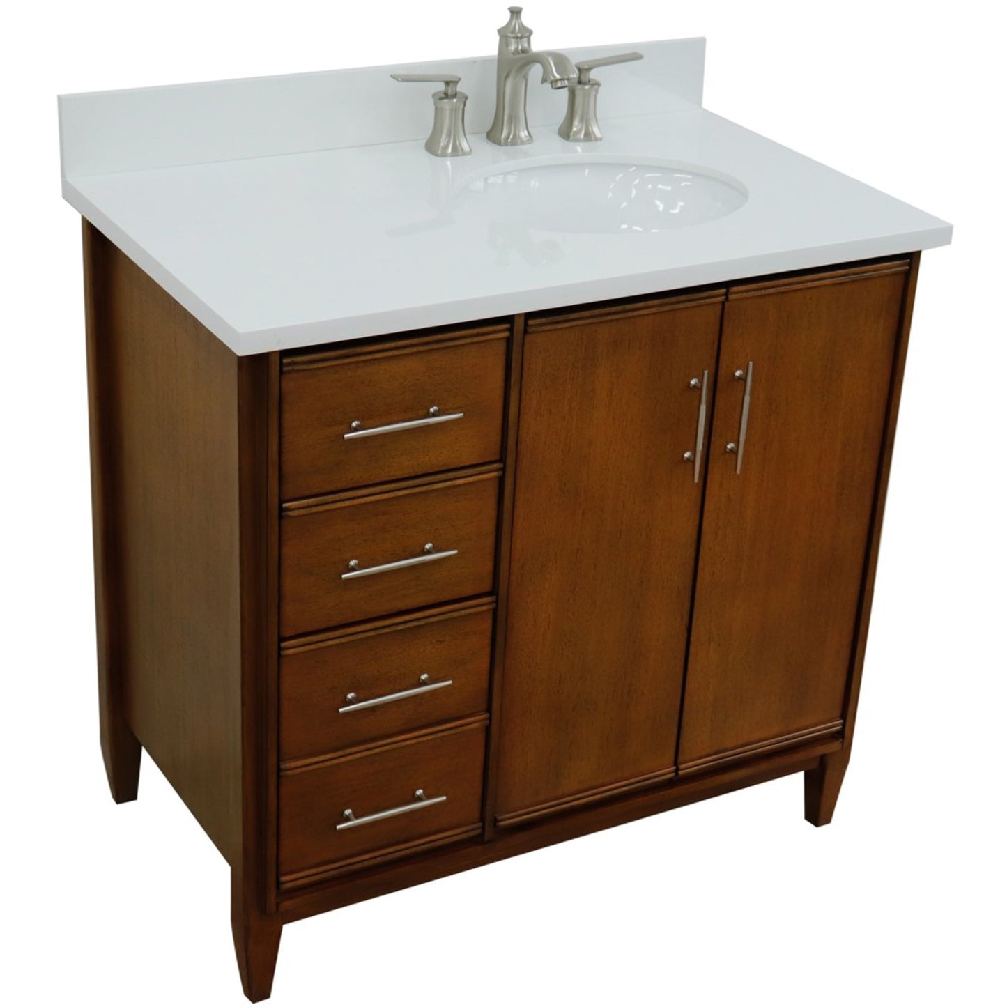 37" Single vanity in Walnut finish with White engineered stone and oval sink Right door/Right sink