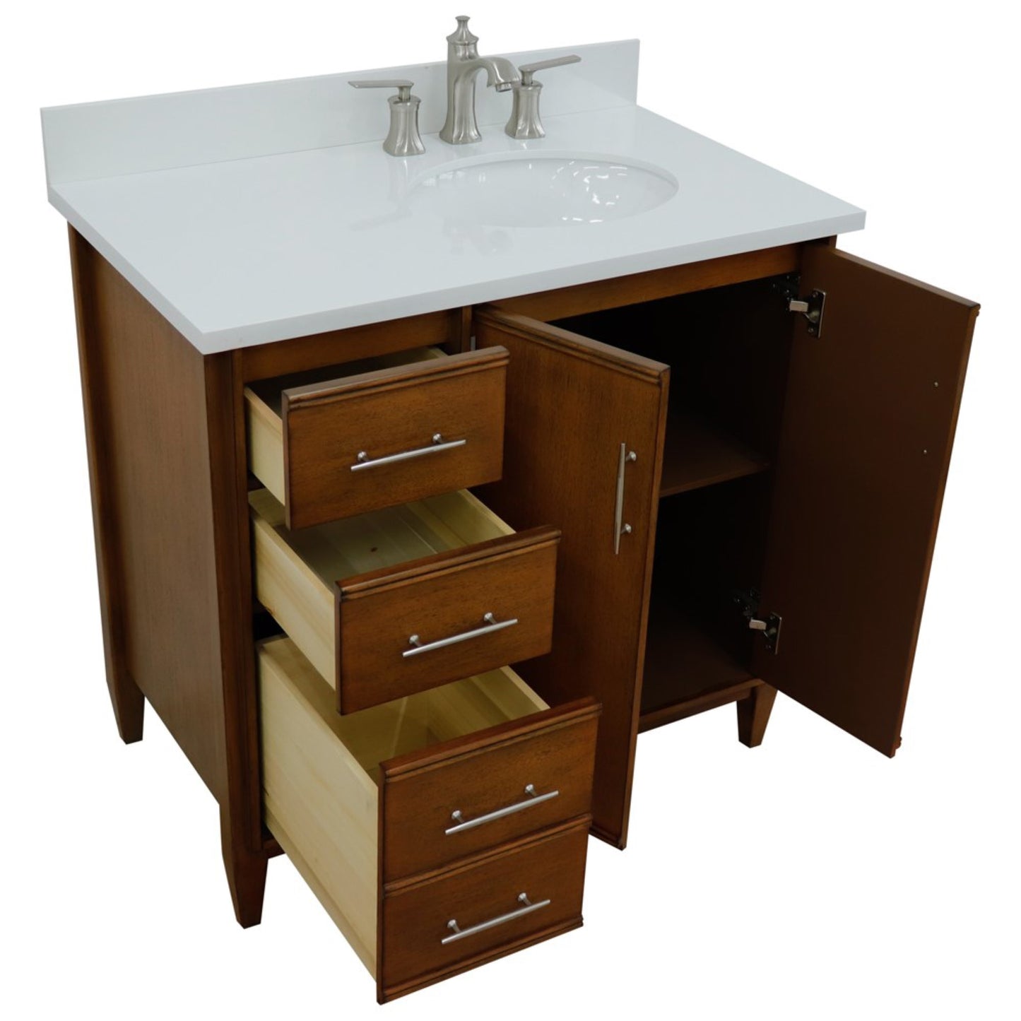 37" Single vanity in Walnut finish with White engineered stone and oval sink Right door/Right sink