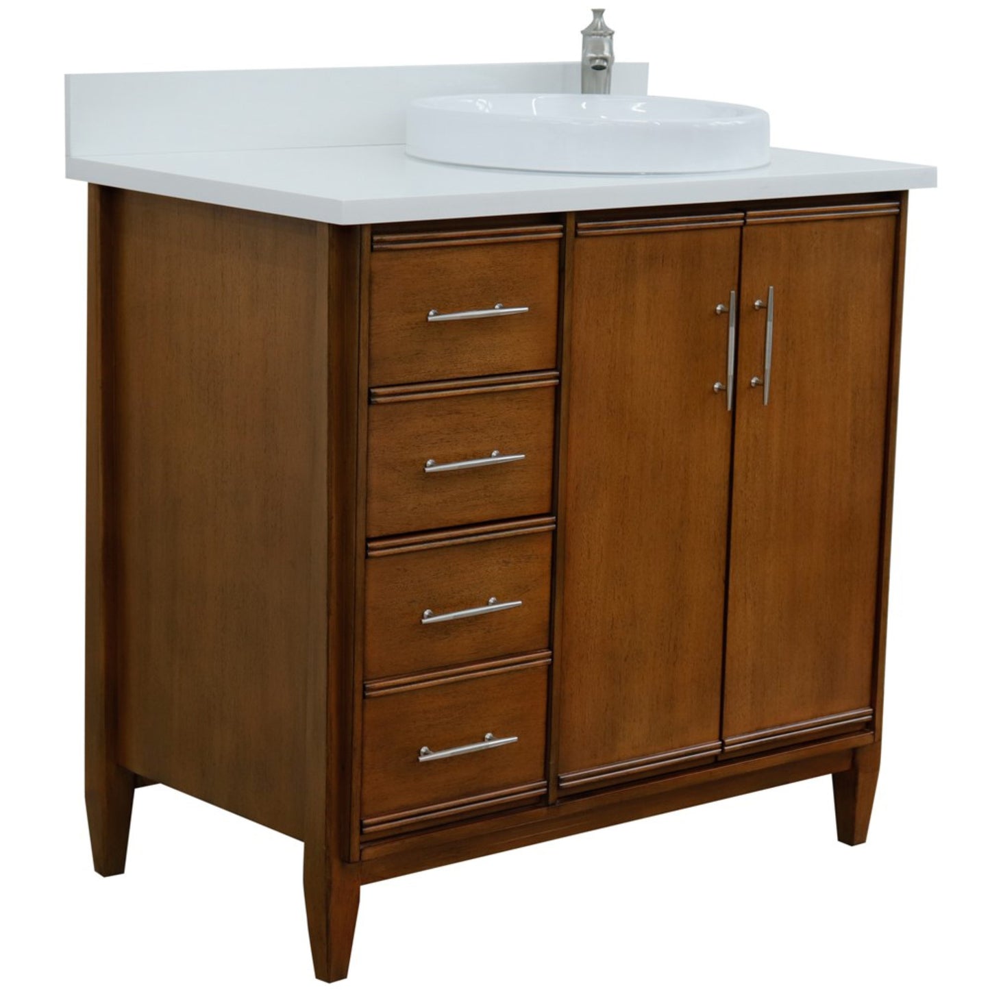 37" Single vanity in Walnut finish with White engineered stone and round sink Right door/Right sink