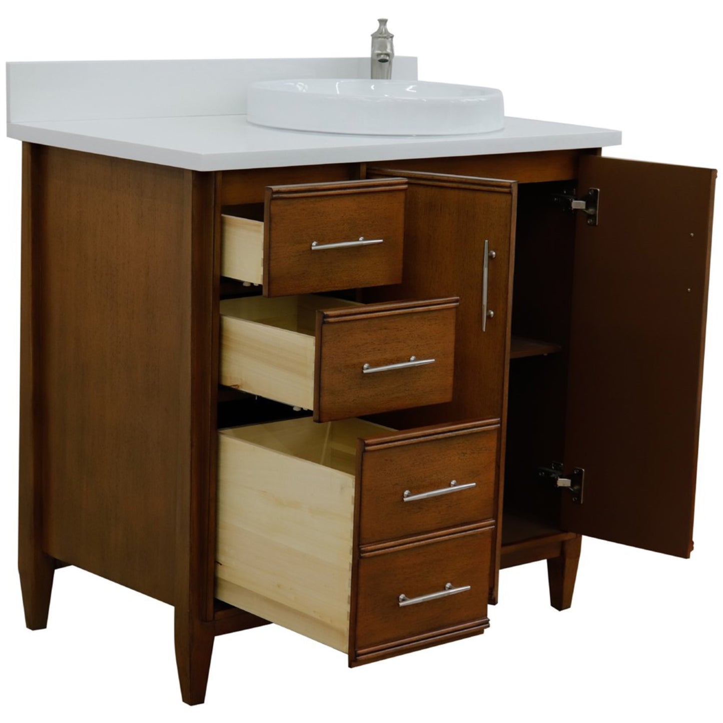 37" Single vanity in Walnut finish with White engineered stone and round sink Right door/Right sink
