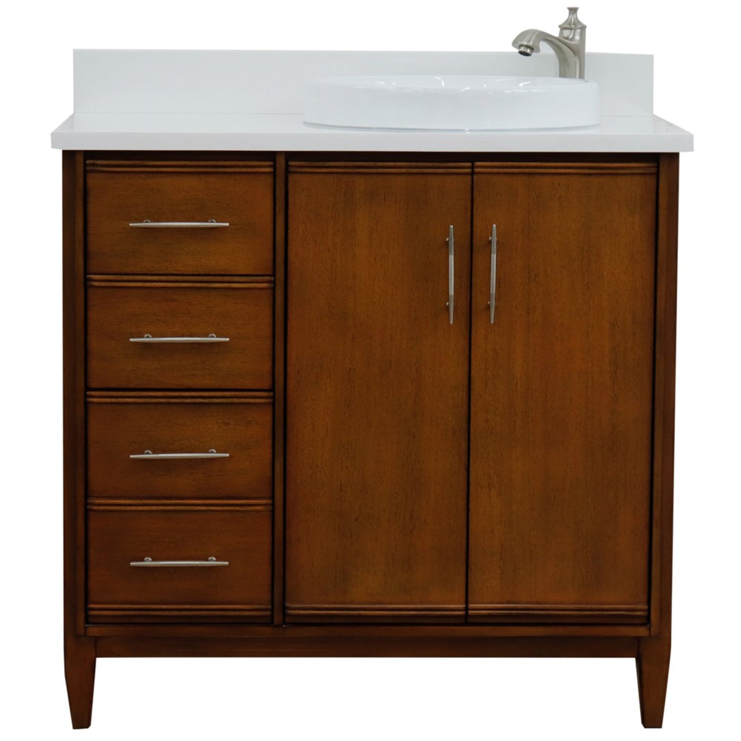 37" Single vanity in Walnut finish with White engineered stone and round sink Right door/Right sink