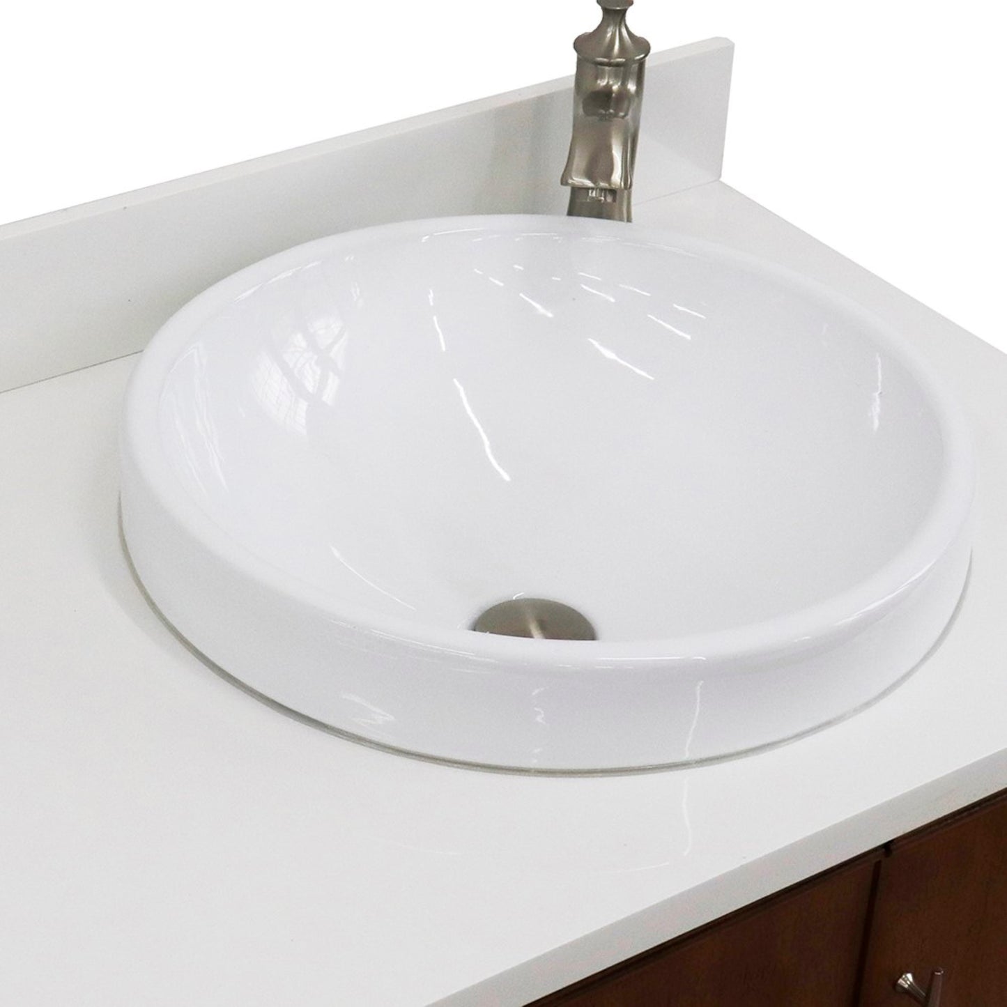 37" Single vanity in Walnut finish with White engineered stone and round sink Right door/Right sink