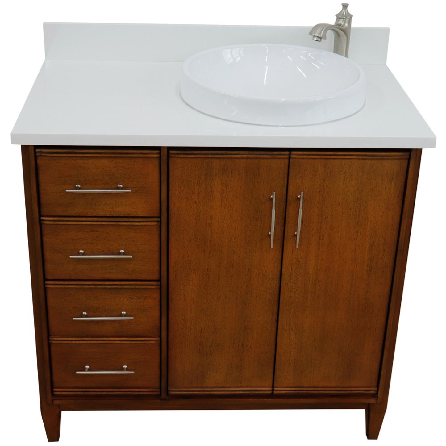 37" Single vanity in Walnut finish with White engineered stone and round sink Right door/Right sink