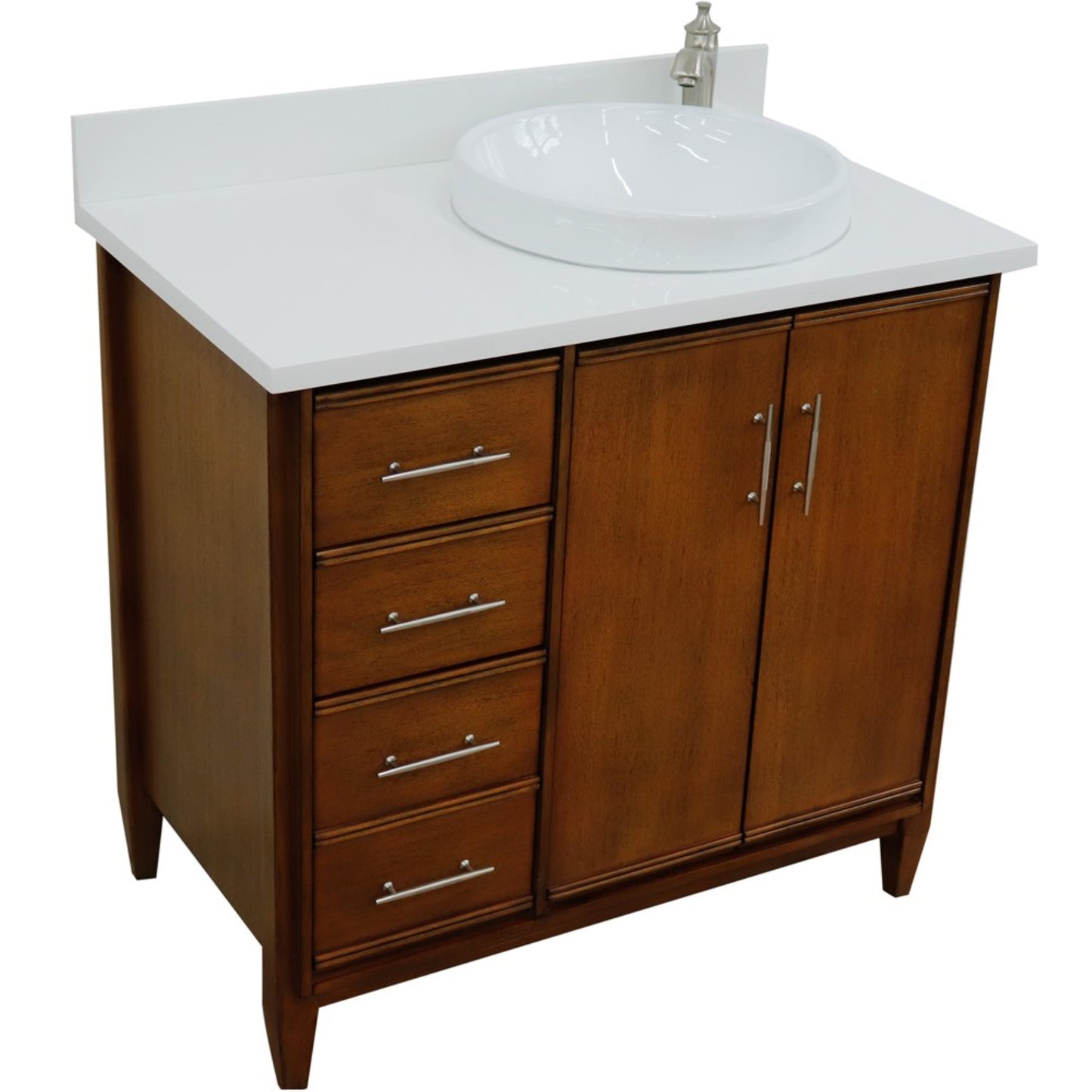 37" Single vanity in Walnut finish with White engineered stone and round sink Right door/Right sink
