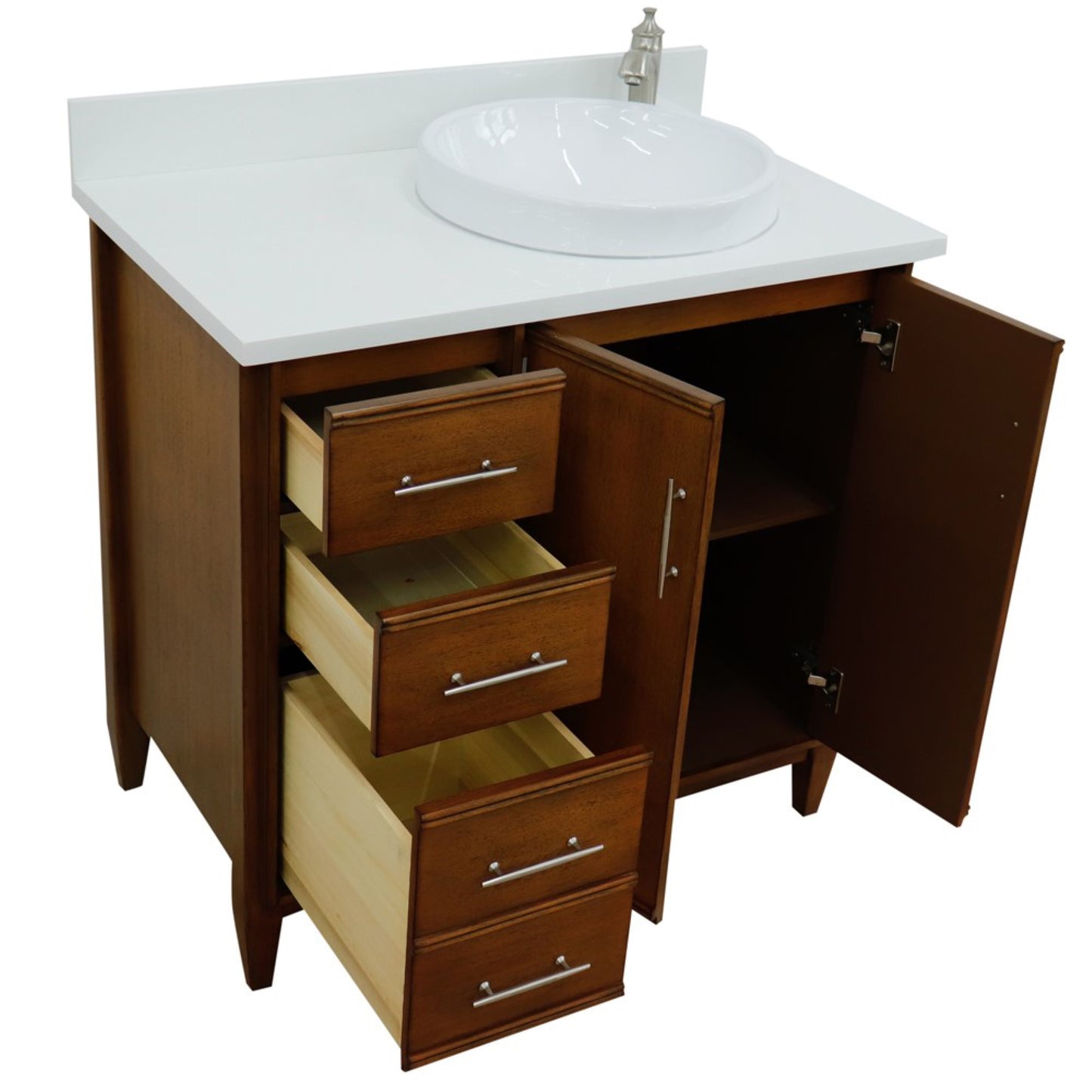 37" Single vanity in Walnut finish with White engineered stone and round sink Right door/Right sink