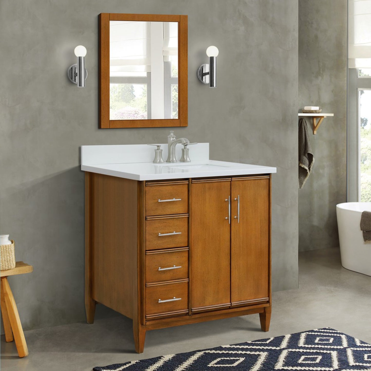 37" Single vanity in Walnut finish with White engineered stone and rectangle sink Right door/Right sink