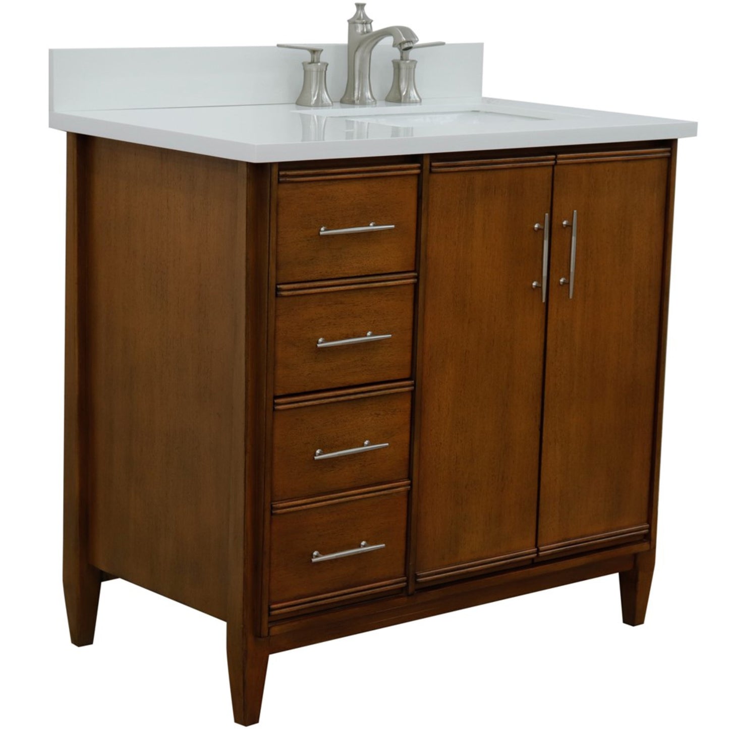 37" Single vanity in Walnut finish with White engineered stone and rectangle sink Right door/Right sink