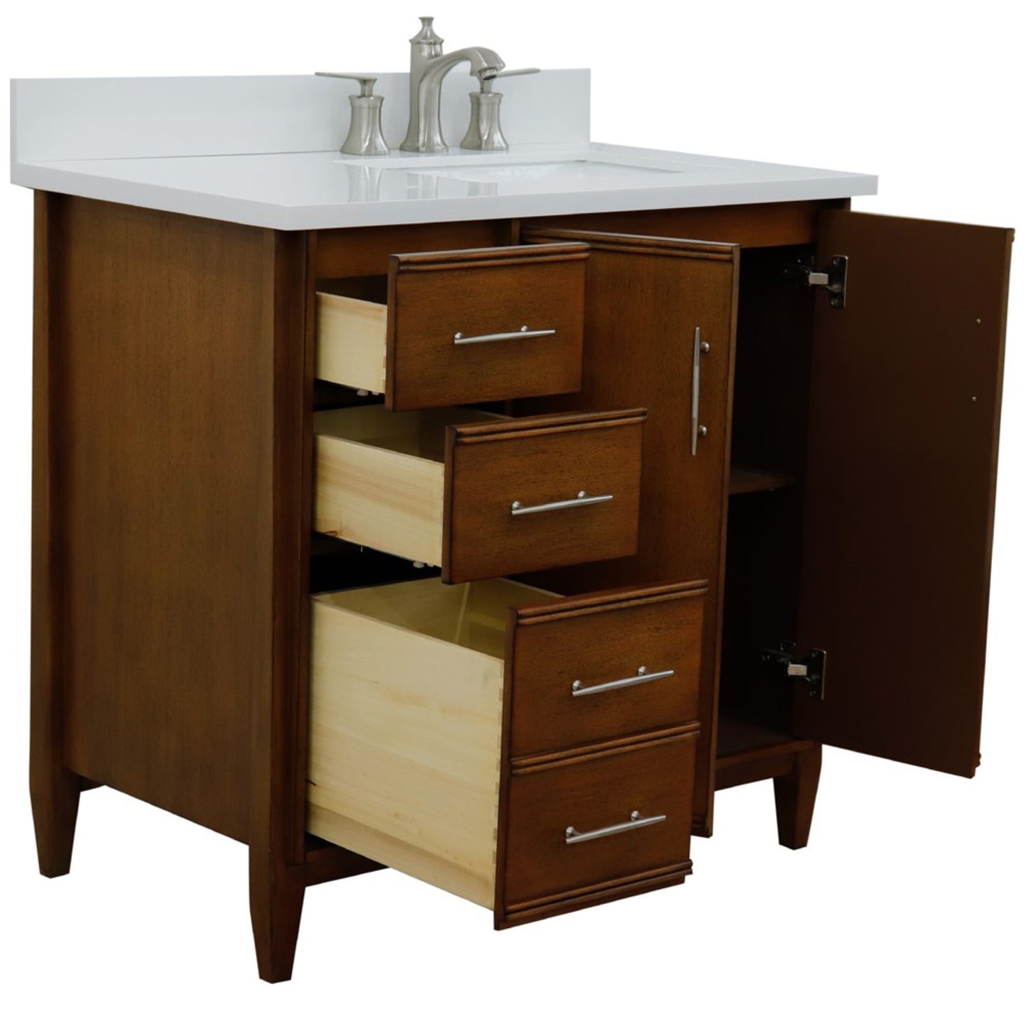 37" Single vanity in Walnut finish with White engineered stone and rectangle sink Right door/Right sink
