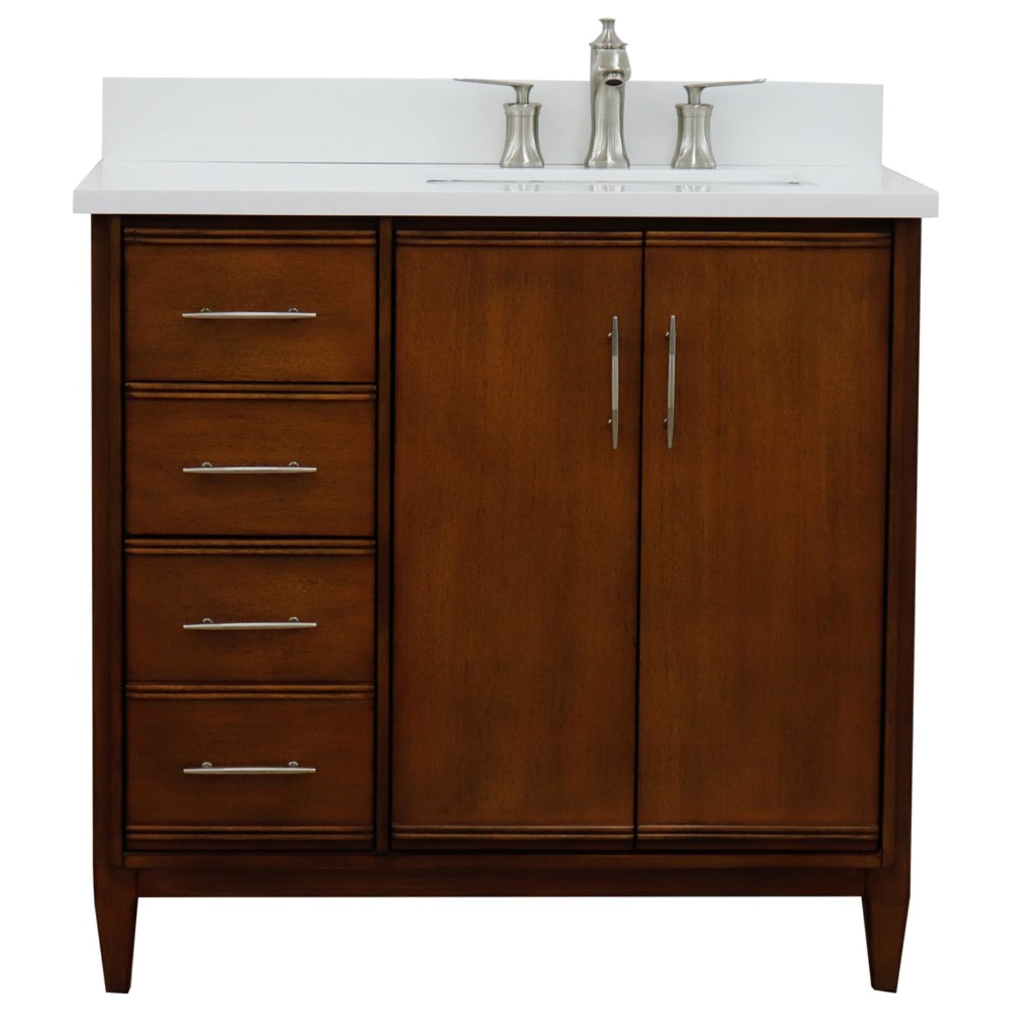 37" Single vanity in Walnut finish with White engineered stone and rectangle sink Right door/Right sink