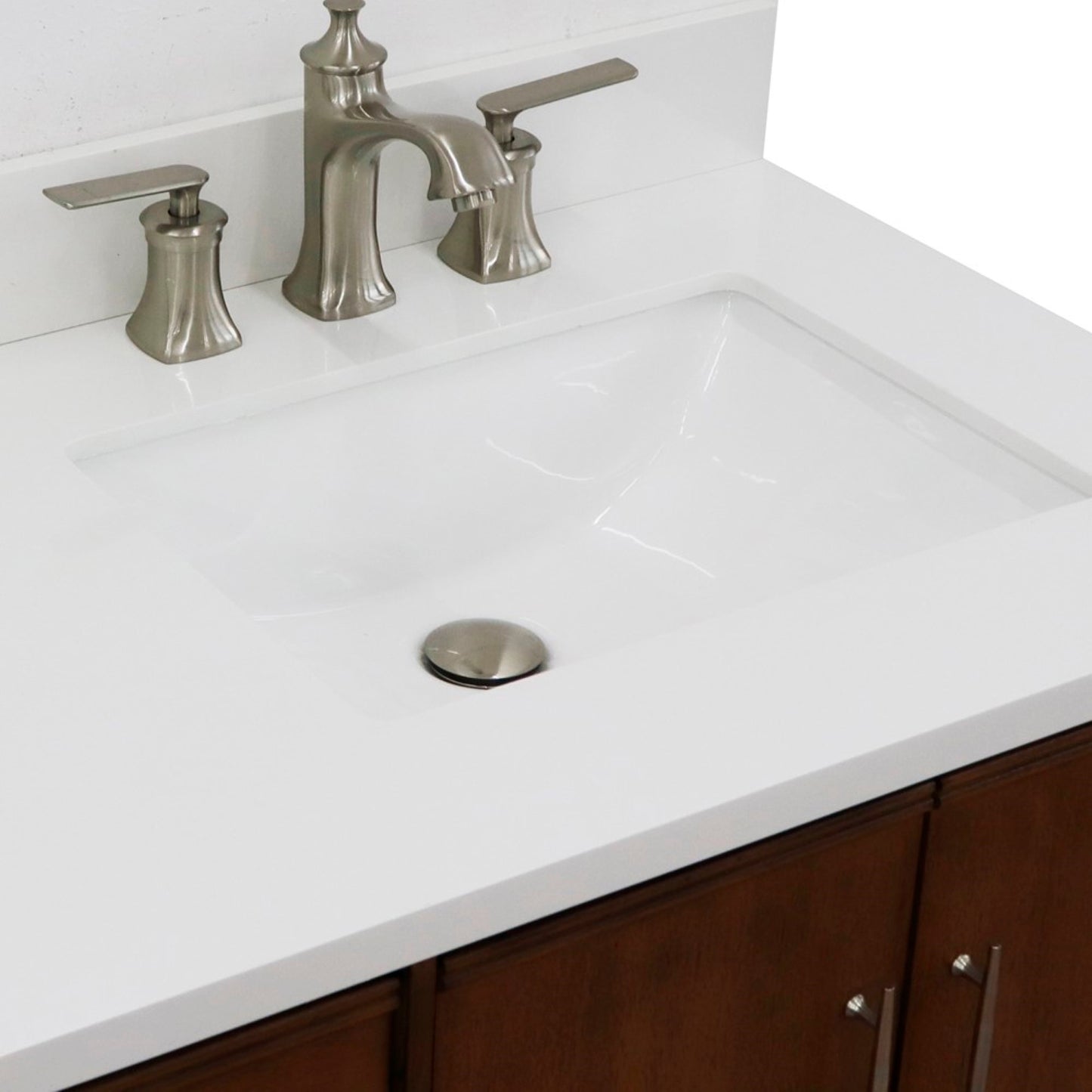 37" Single vanity in Walnut finish with White engineered stone and rectangle sink Right door/Right sink