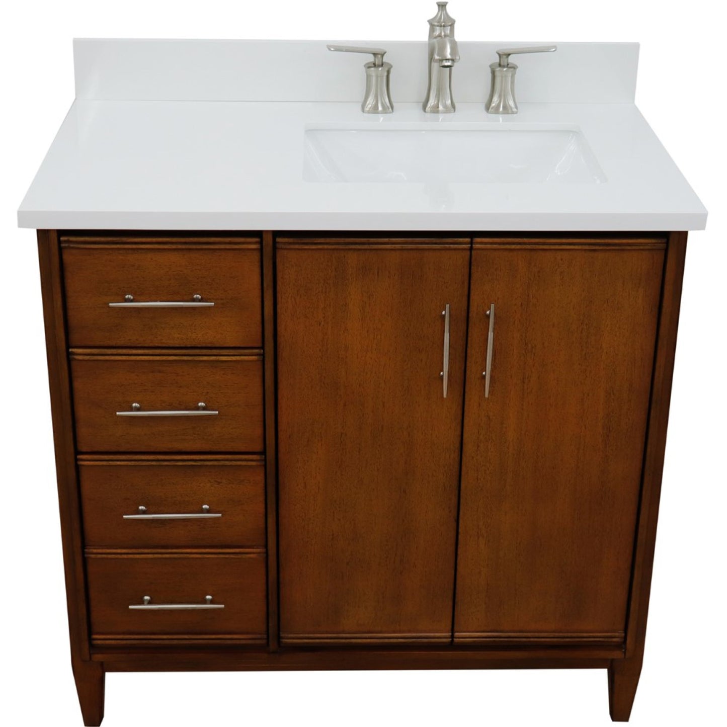 37" Single vanity in Walnut finish with White engineered stone and rectangle sink Right door/Right sink
