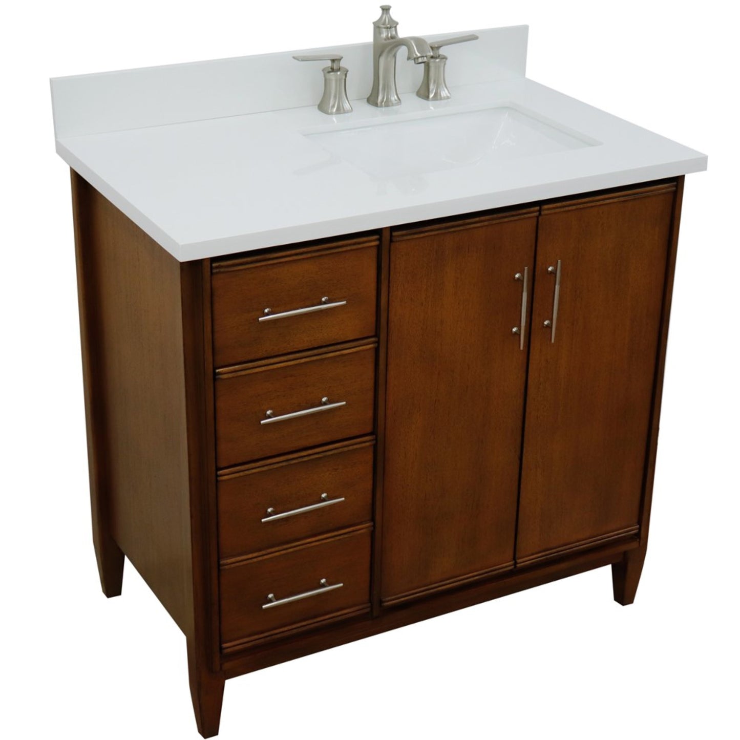 37" Single vanity in Walnut finish with White engineered stone and rectangle sink Right door/Right sink