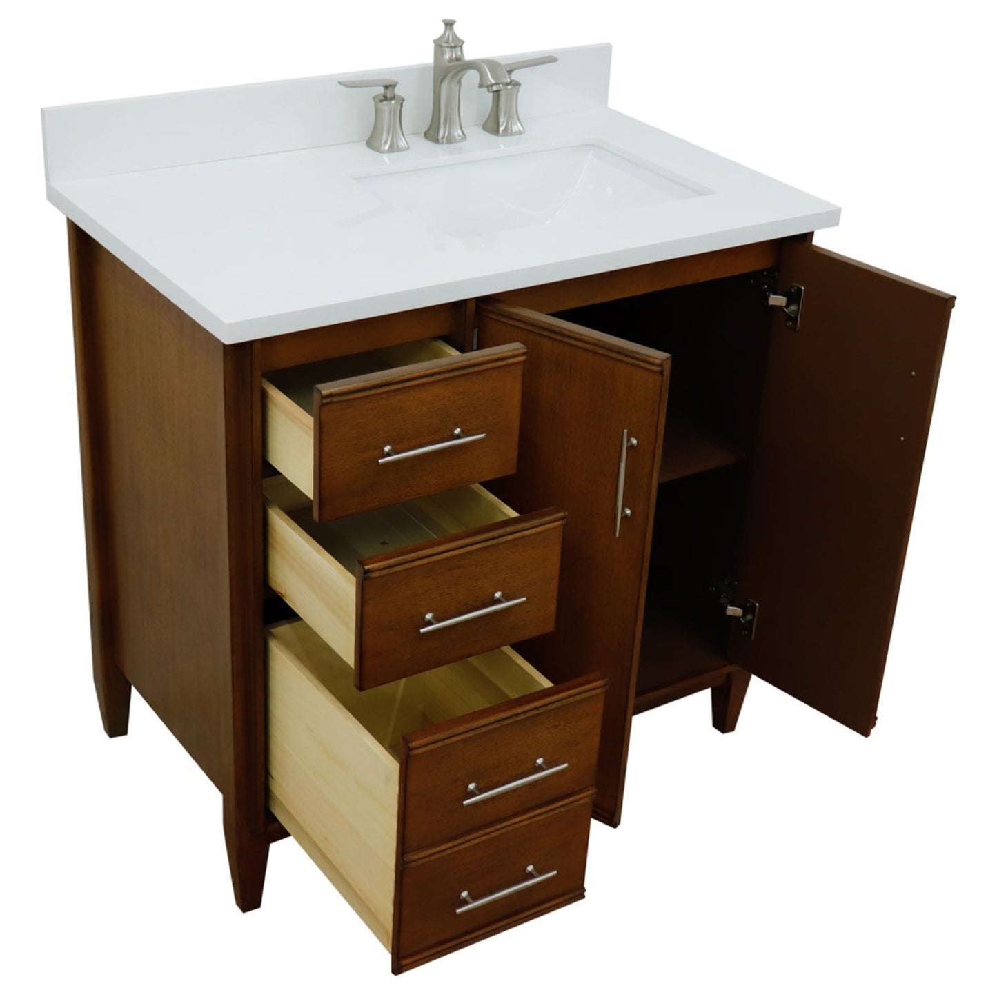 37" Single vanity in Walnut finish with White engineered stone and rectangle sink Right door/Right sink