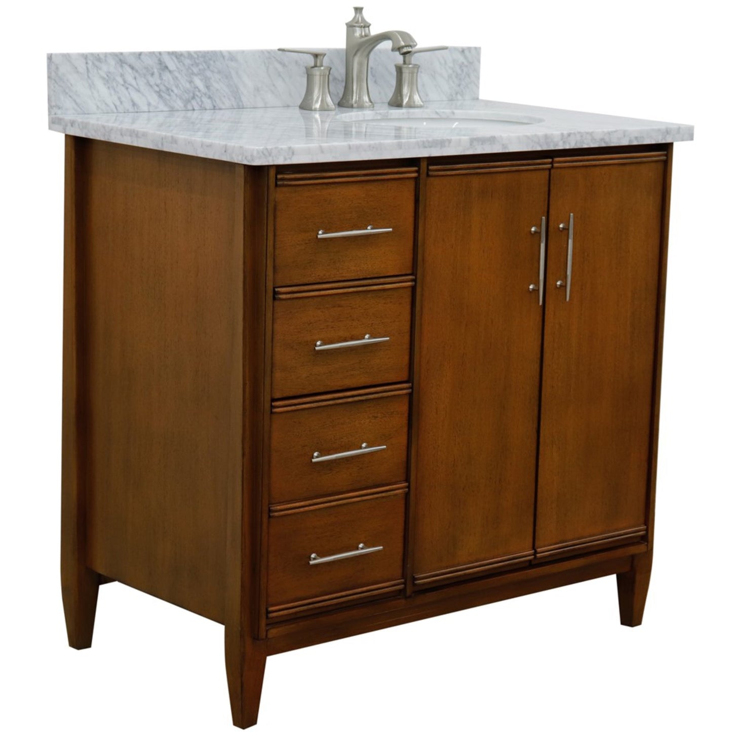37" Single vanity in Walnut finish with White Carrara and oval sink Right door/Right sink