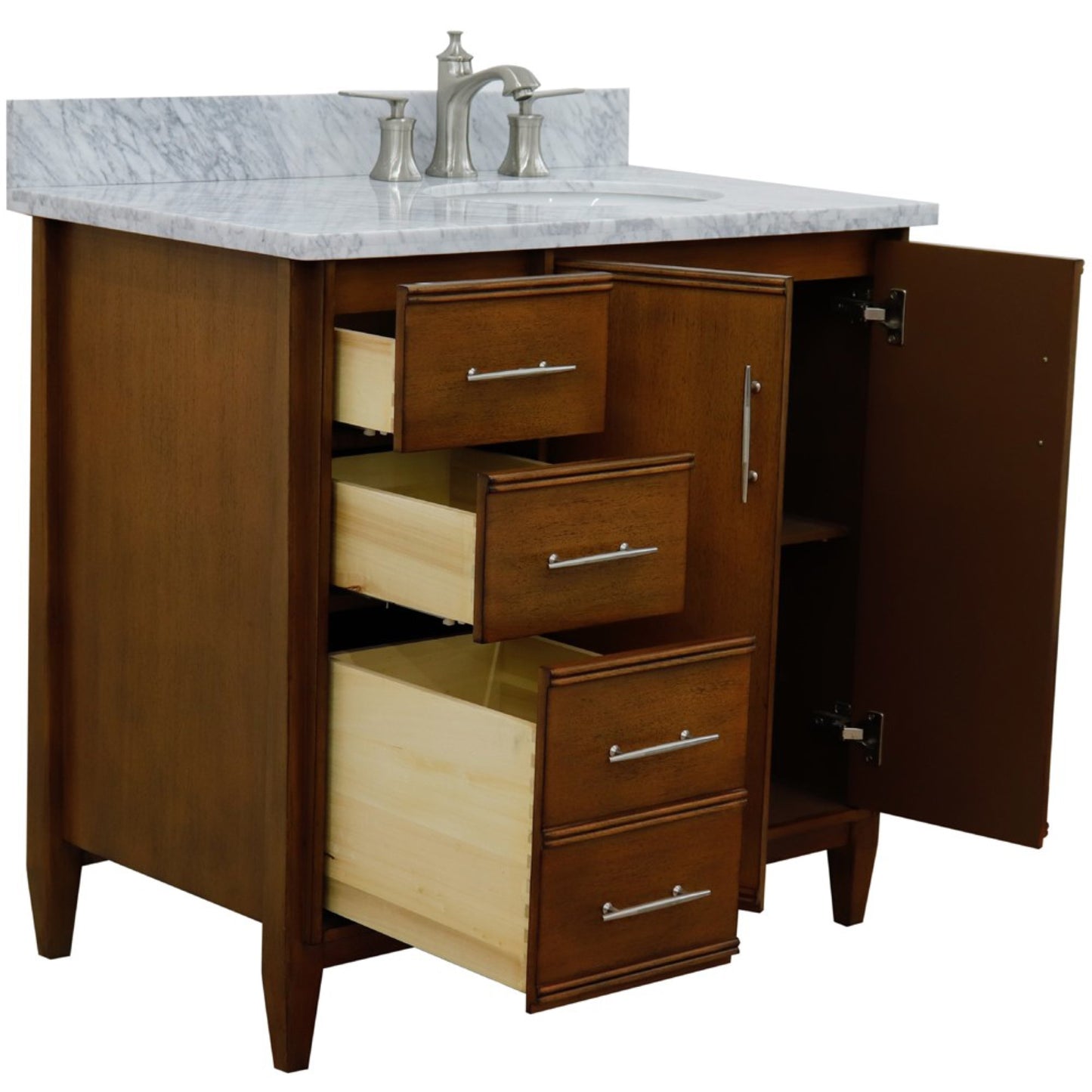 37" Single vanity in Walnut finish with White Carrara and oval sink Right door/Right sink