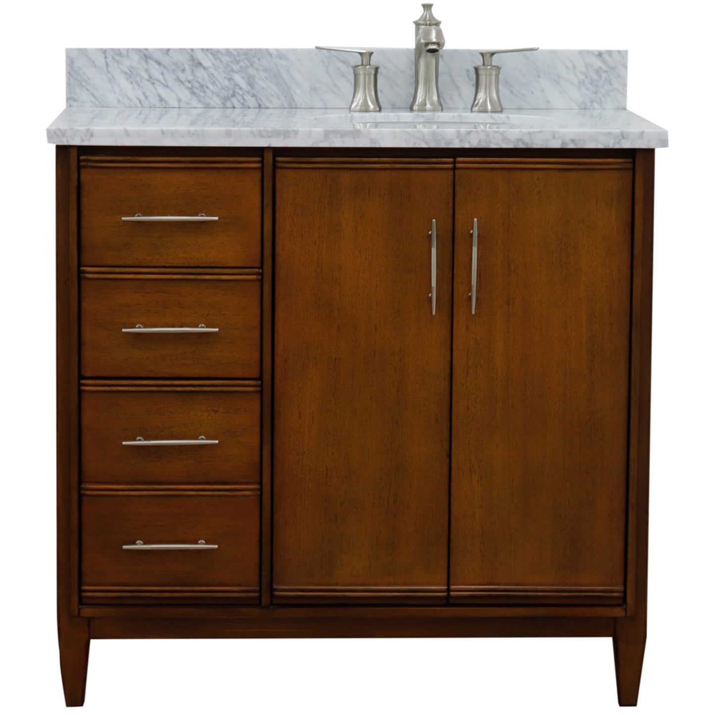 37" Single vanity in Walnut finish with White Carrara and oval sink Right door/Right sink