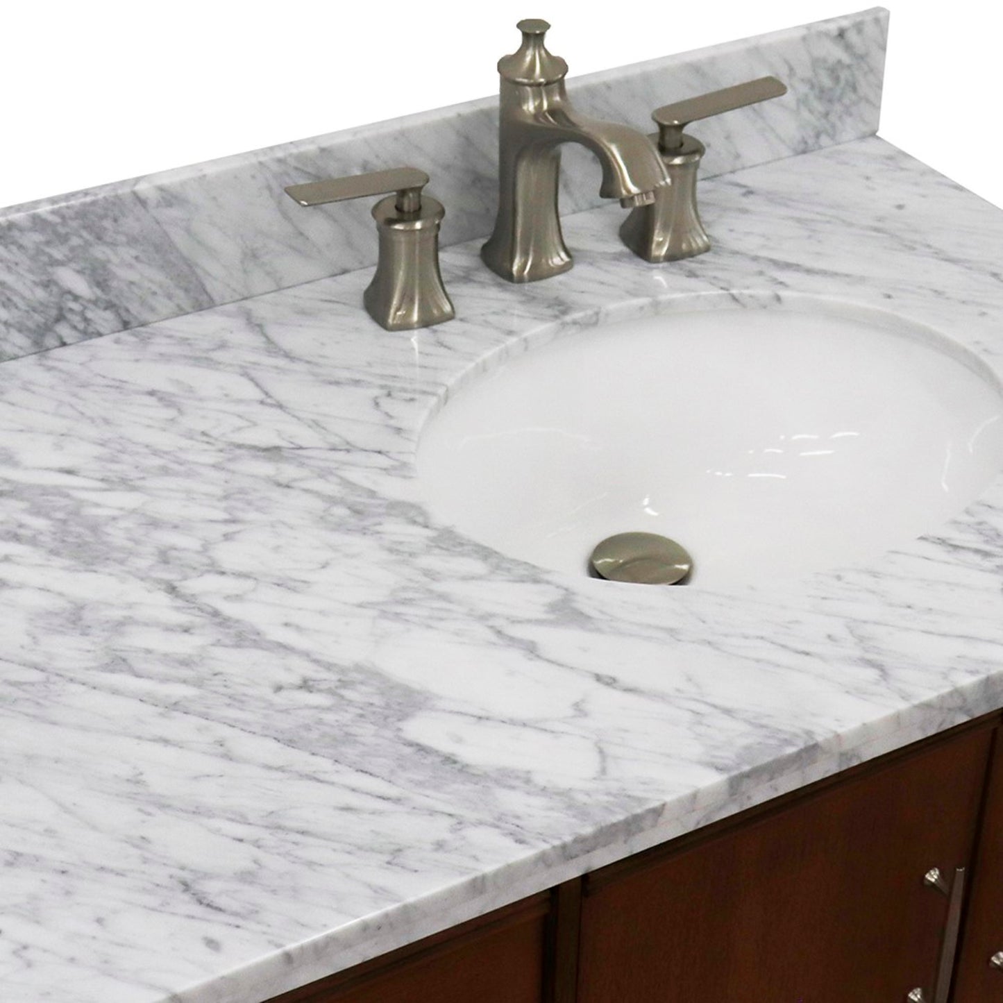 37" Single vanity in Walnut finish with White Carrara and oval sink Right door/Right sink