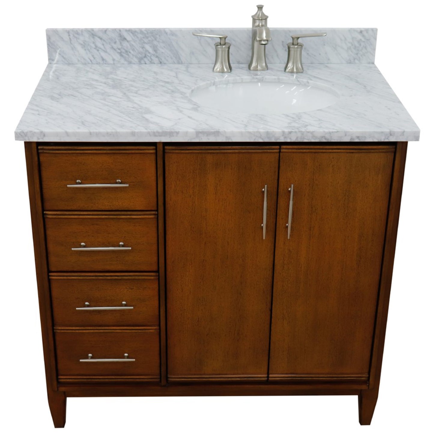 37" Single vanity in Walnut finish with White Carrara and oval sink Right door/Right sink
