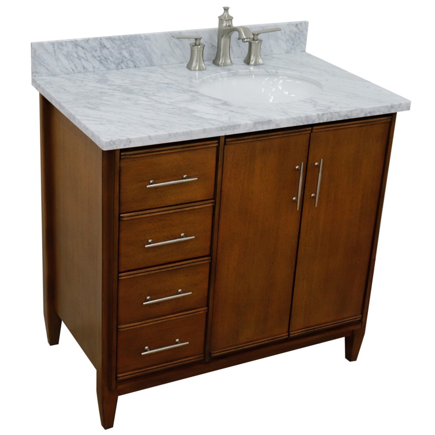 37" Single vanity in Walnut finish with White Carrara and oval sink Right door/Right sink