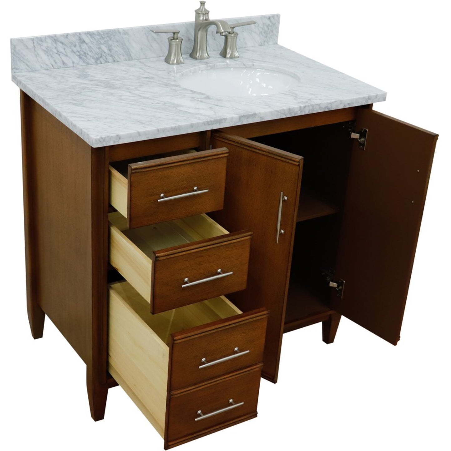 37" Single vanity in Walnut finish with White Carrara and oval sink Right door/Right sink