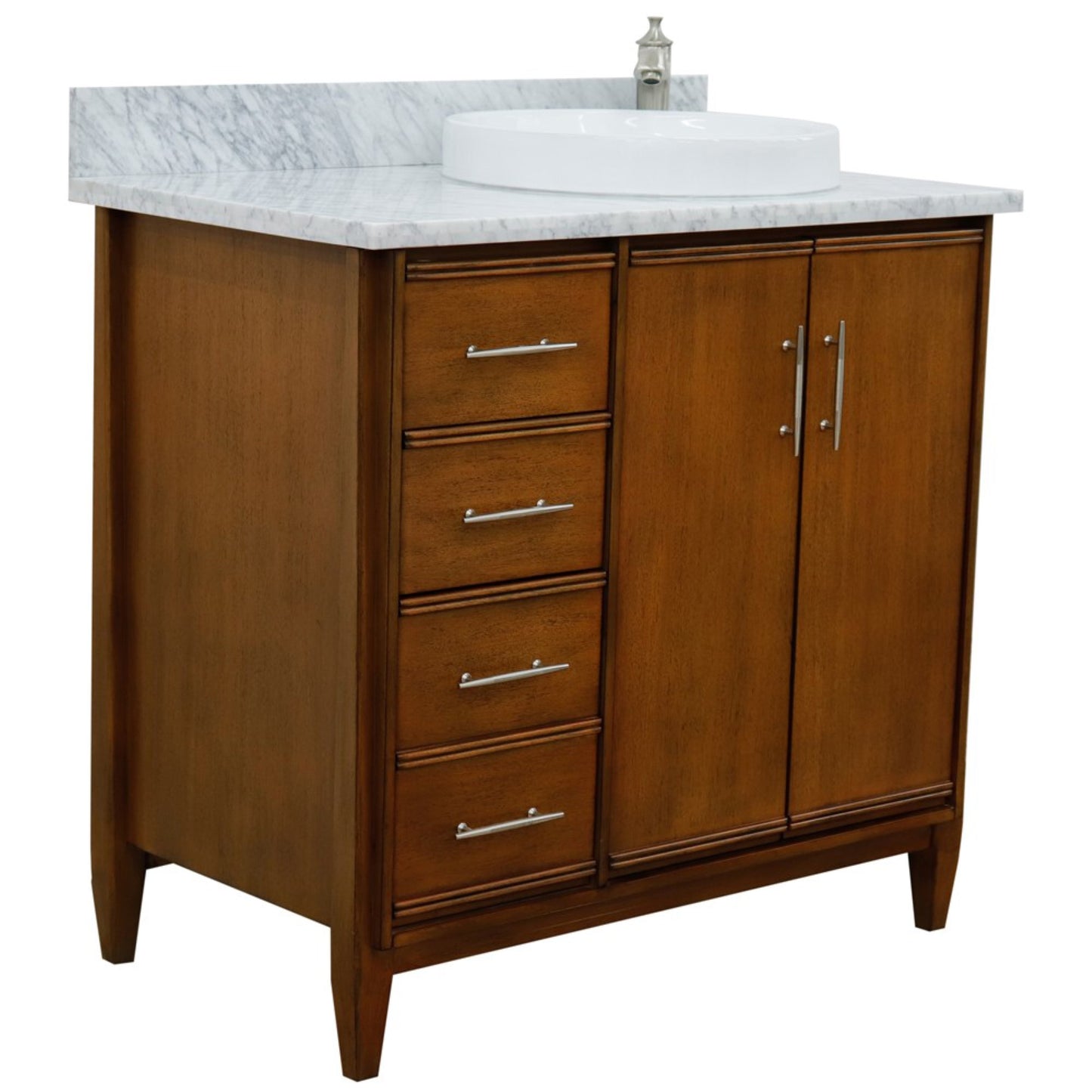 37" Single vanity in Walnut finish with White Carrara and round sink Right door/Right sink
