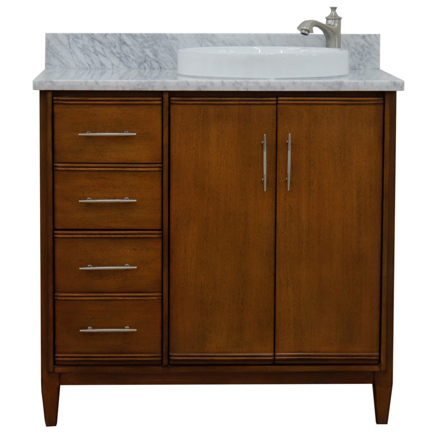 37" Single vanity in Walnut finish with White Carrara and round sink Right door/Right sink
