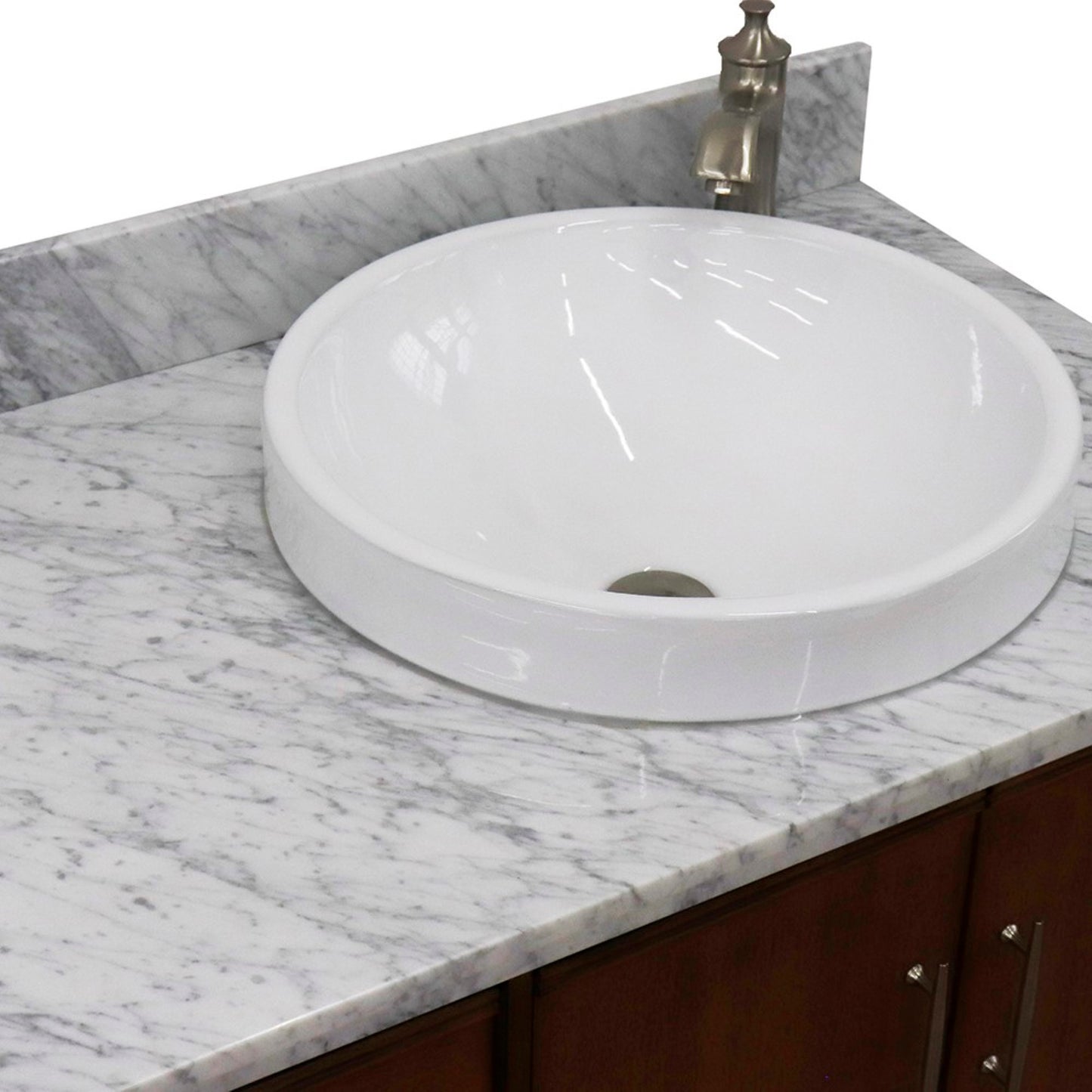 37" Single vanity in Walnut finish with White Carrara and round sink Right door/Right sink