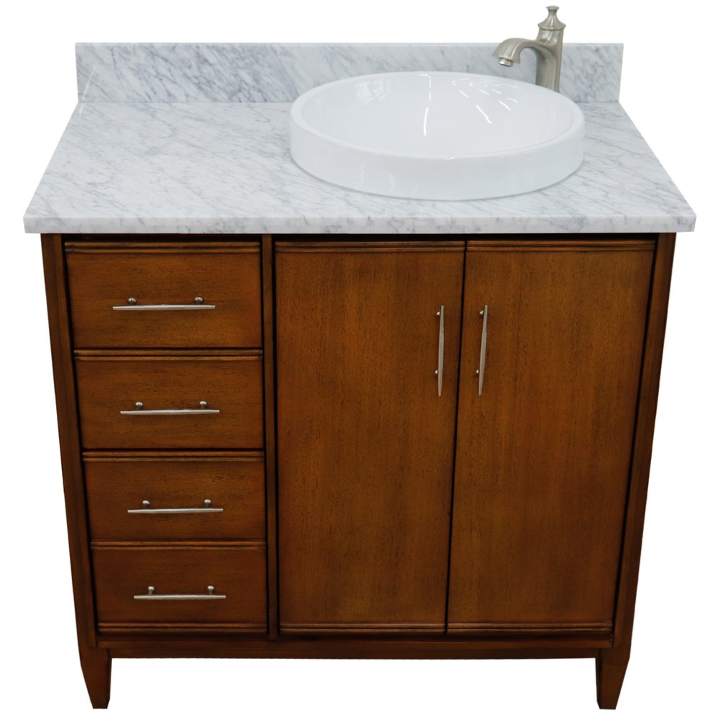 37" Single vanity in Walnut finish with White Carrara and round sink Right door/Right sink